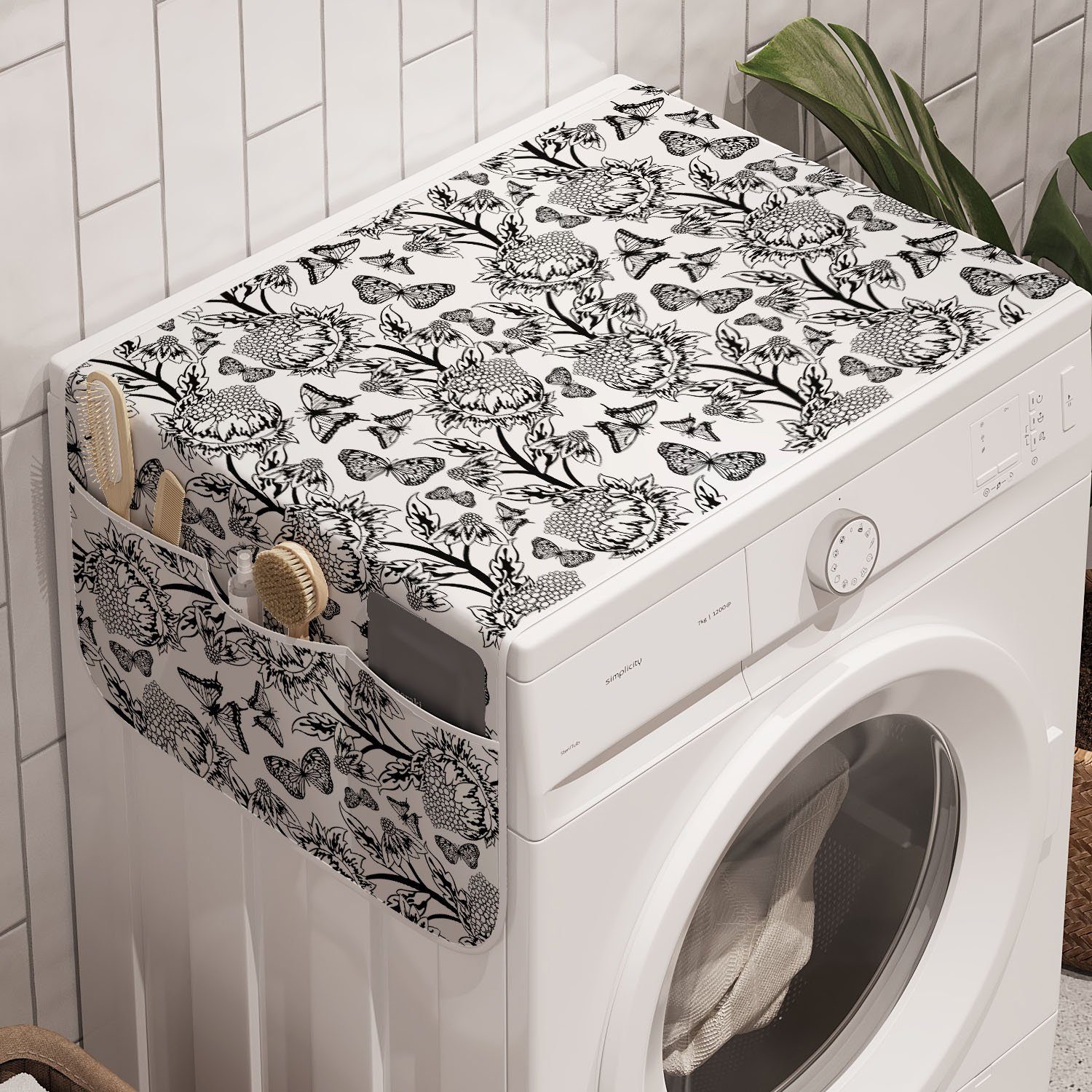Abakuhaus Badorganizer Anti-Rutsch-Stoffabdeckung für Waschmaschine und Trockner, Schwarz und weiß Floral ornamental Design
