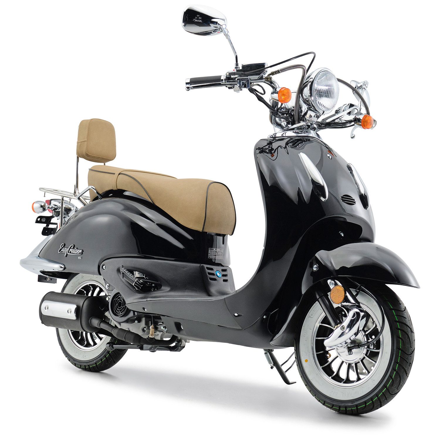 Burnout Motorroller EasyCruiser Eco Schwarz, 50 ccm, 45 km/h, Euro 5, Unverwechselbares Retro Design, Moped mit USB Ladedose für Handy Navi