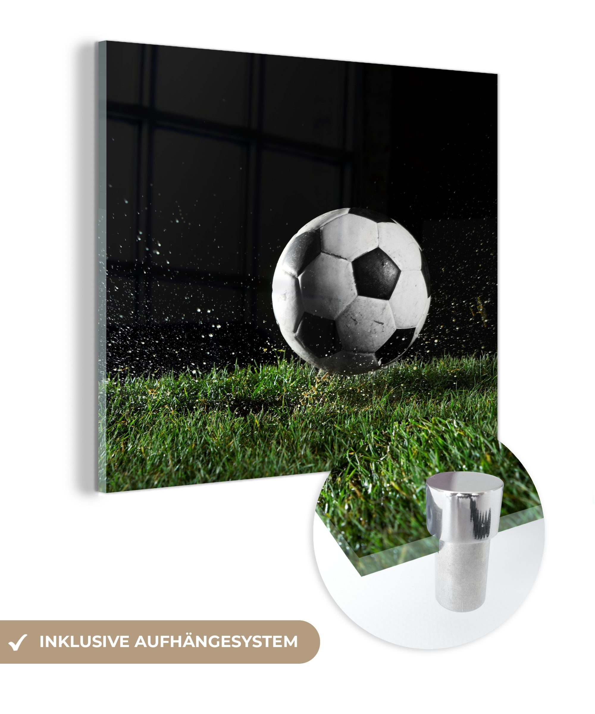 St), Glas der Bilder Glas Foto Wanddekoration auf Wiese, - Fußball - Glasbilder (1 Wandbild - MuchoWow auf Acrylglasbild auf