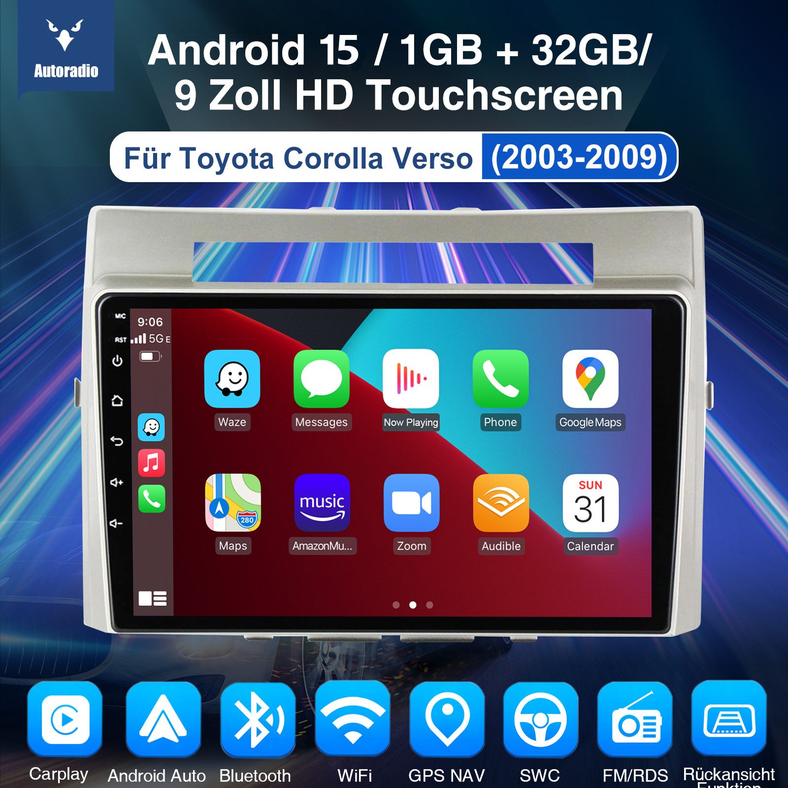 ESSGOO DAB+ Für Toyota Corolla Verso 2003-09 Android 15 Carplay GPS NAVI BT Autoradio (RDS, 4+64GB(optional), DAB (optional), FM, AM, DAB+ (optional), Carplay Android Auto Bluetooth EQ USB GPS Navi WIFI Touchscreen)