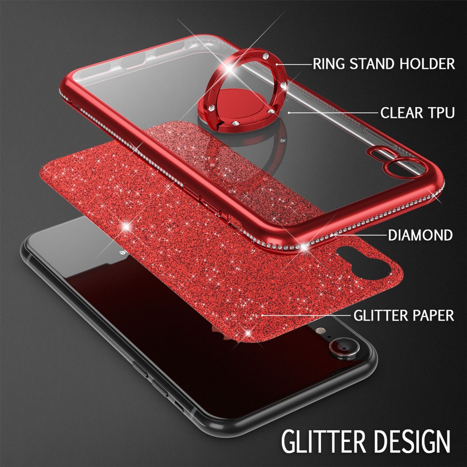 Nalia Smartphone-Hülle Apple iPhone XR 15,5 cm (6,1 Zoll), Glitzer Ring Silikon Hülle / 360 Grad Finger-Halter / Standfunktion