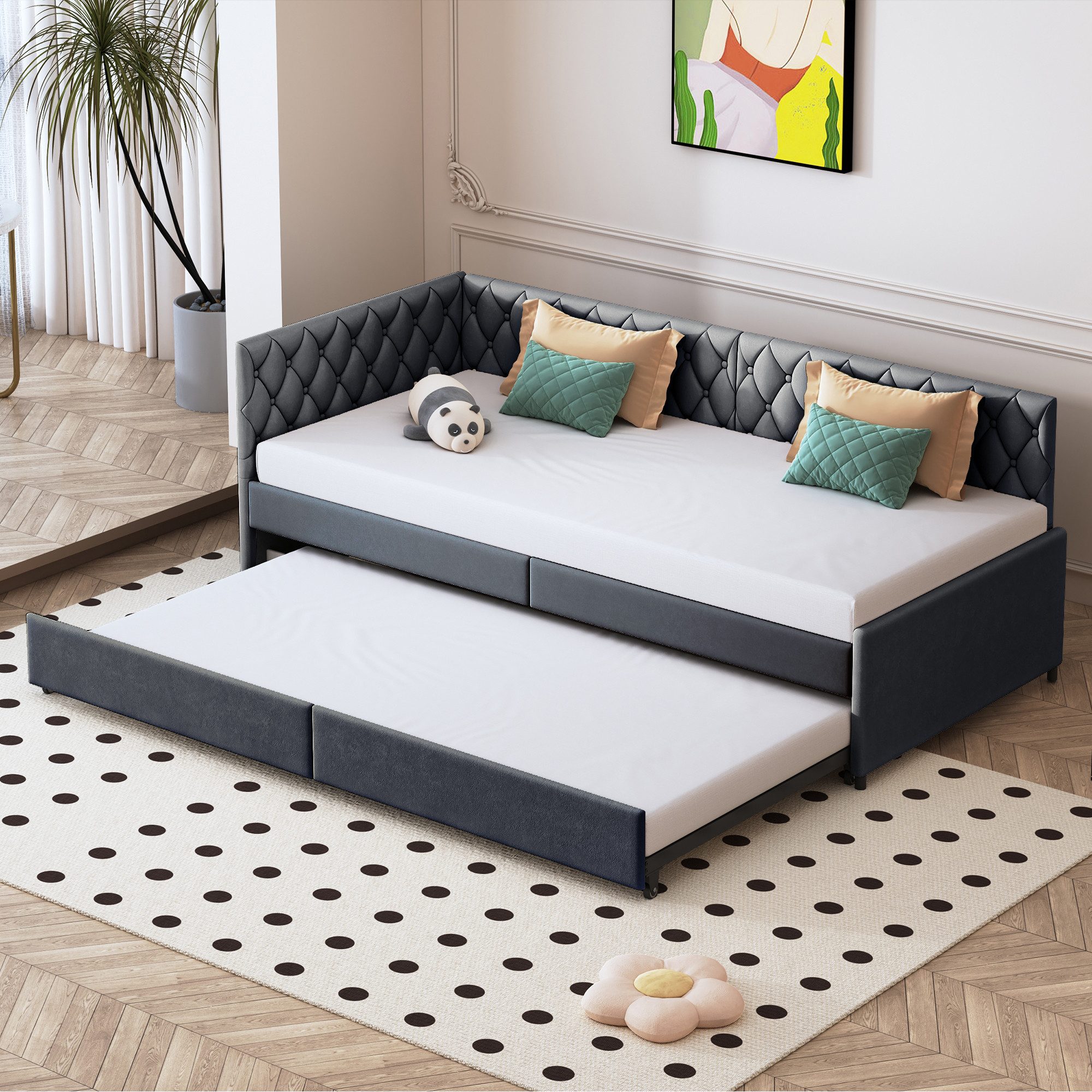 FUROKOY Schlafsofa Daybett Polsterbett Tagesbett, Ausziehbarem Einzelbett 90x200cm mit Unterbett und Rollen,Samt,Grau