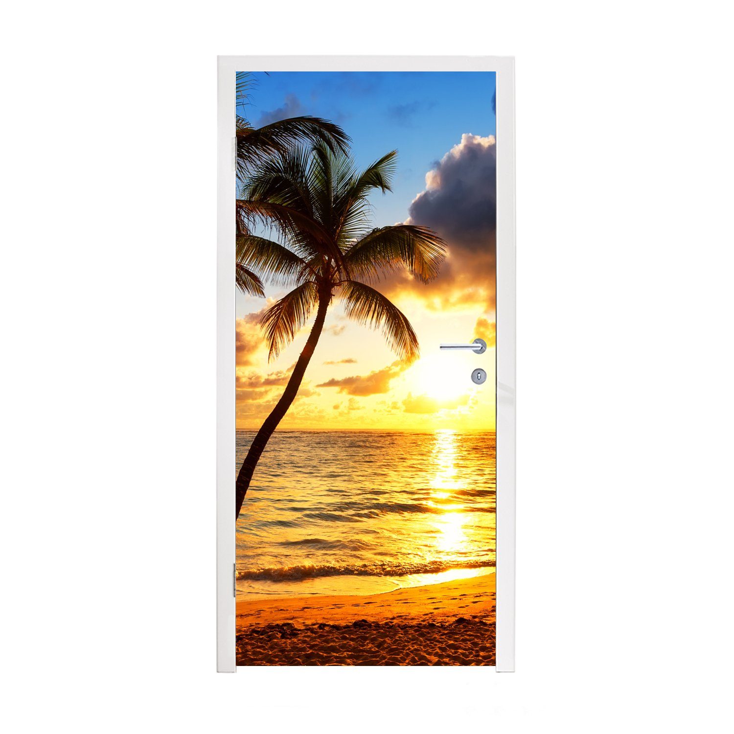 MuchoWow Türtapete Strand - - Sonnenuntergang Matt, - Tür, cm (1 Palme Meer, für - bedruckt, Fototapete Türaufkleber, 75x205 Horizont St)