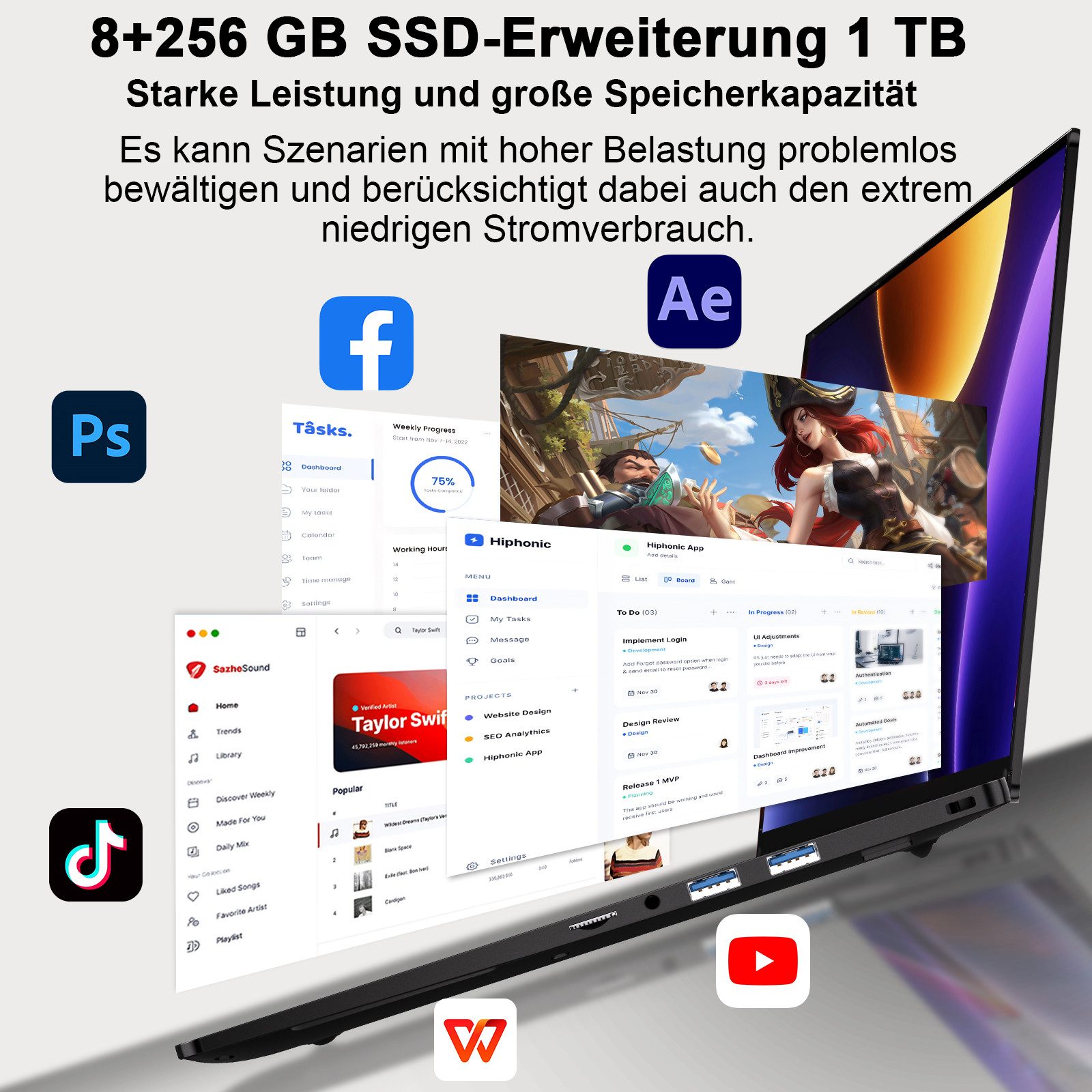 bvate 2026 14-Zoll-Laptop-Computer, 8 GB DDR4, Quad-Core N5095 CPU Notebook Notebook (OTHER, N5095, 8 GB, 256 GB SSD, 180° Drehung/Low Blue Light-Zertifizierung/Deutsche Tastaturaufkleber)