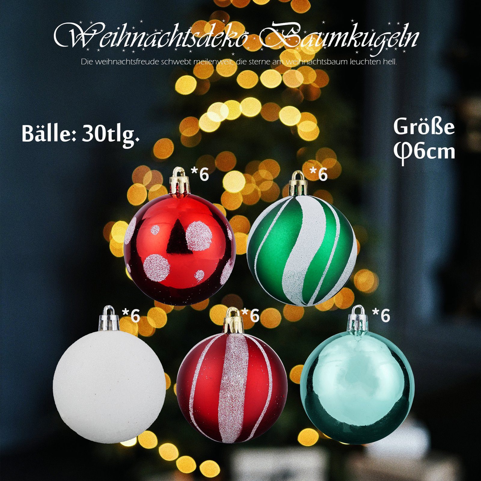 KAHOO Weihnachtsbaumkugel 30 bis 30tlg.-1 Ø6cm Weihnachtskugel, 103tlg. Christbaumschmuck
