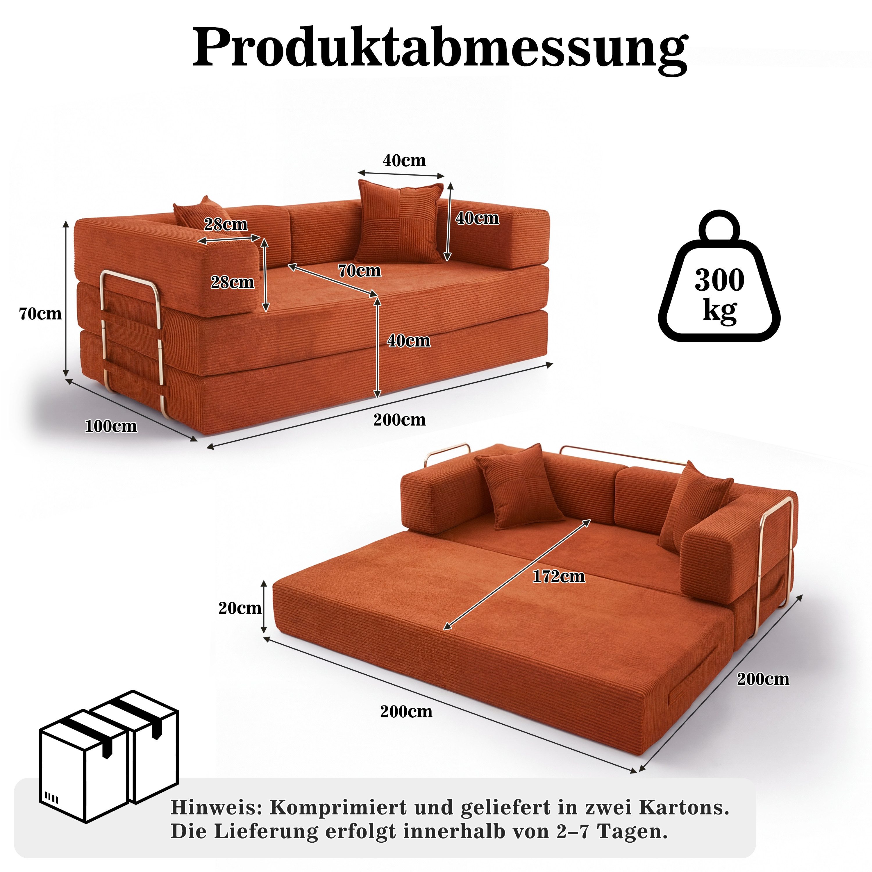 Vipbear Schlafsofa 5-in-1 Schlafsofa Cord, 300kg Belastbarkeit, 1 Teile, 200x100cm, Grün/Orange/Grau/Beige
