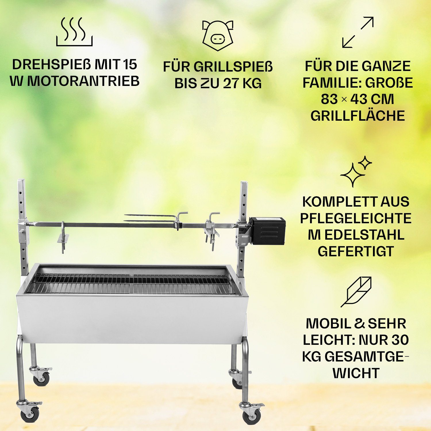 ONECONCEPT Holzkohlegrill Sauenland, Set, Außenküche Grill Outdoor, Grillspieß mit Motor Grill Drehspieß mit Motor Spanferkel Grill
