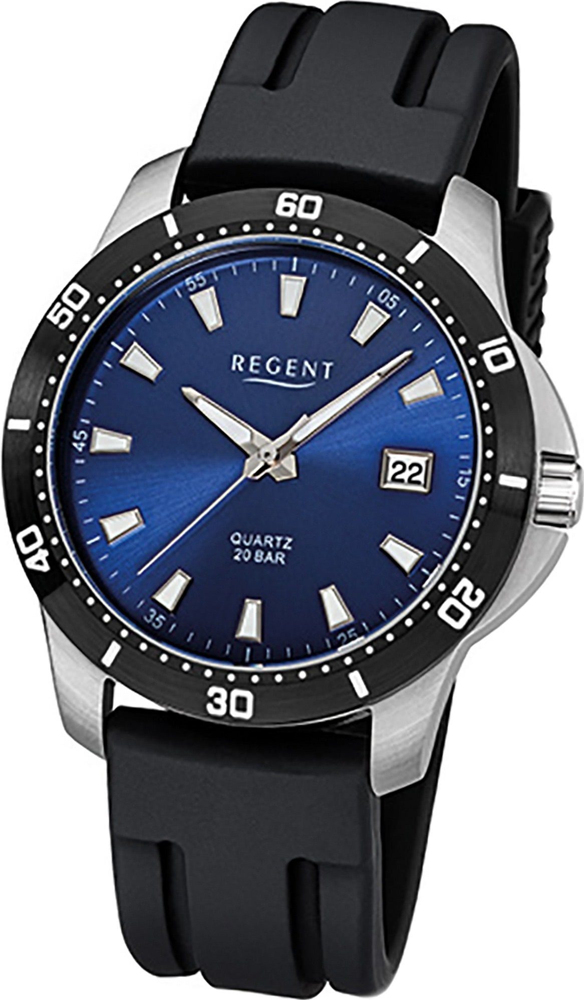 Regent Quarzuhr Regent Kautschuk Herren Uhr groß rundes schwarz, 41mm) F-1028, Kautschukarmband Gehäuse, (ca. Herrenuhr