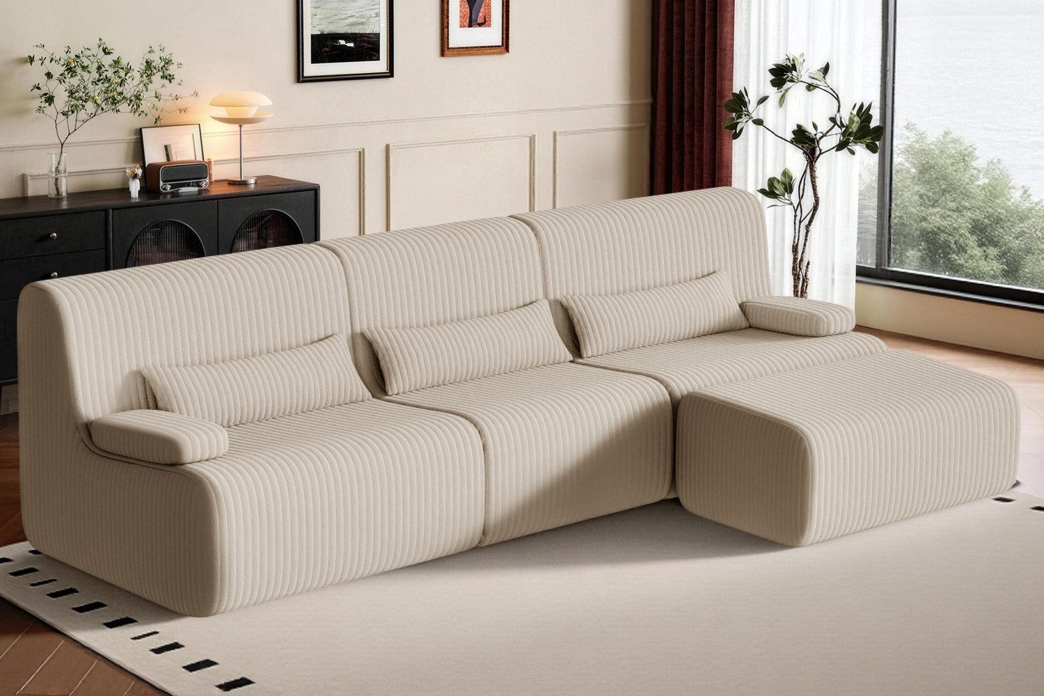 Lexzurn Ecksofa Ecksofa mit Schlaffunktion 250 x 170 x 76 cm, L-förmige Couch aus Cord, Memory-Schaumstoff, Tiefer Sitzfläche, Modulares Sofa mit Chaiselongue für Wohnzimmer und Schlafzimmer