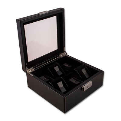 NIVREL Uhrenbox Uhrenkoffer, schwarz (inkl. Poliertuch), Edle Sammlerbox für 6 Uhren mit Sicherheitsschloss und Sichtfenster
