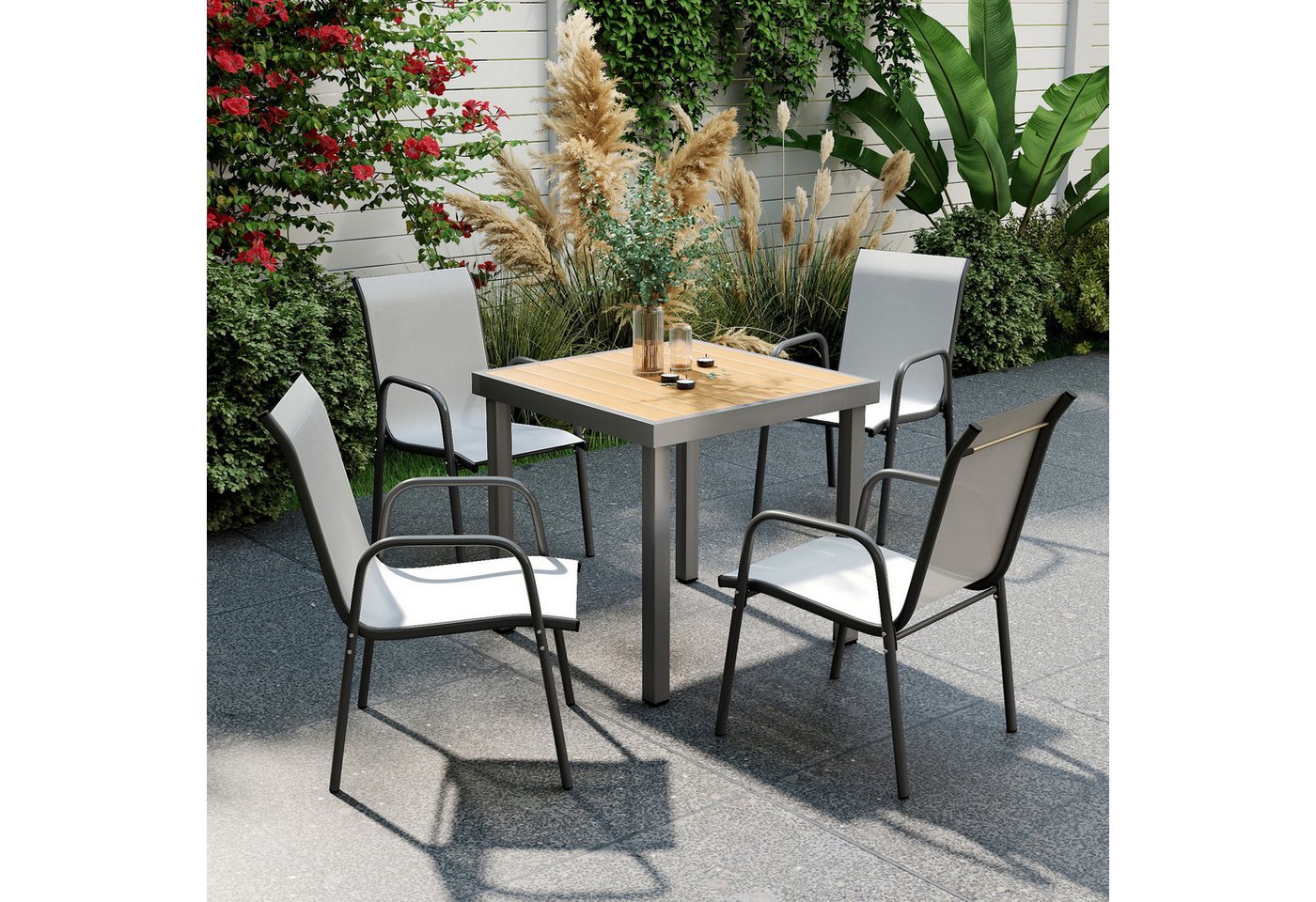 Outsunny Gartenstuhl Stapelbar, Balkonstühle, wetterfest, 120 kg belastbar (Gartenstühle, 4 St), für Garten Balkon Terrasse 51 x 69 x 87 cm Hellgrau