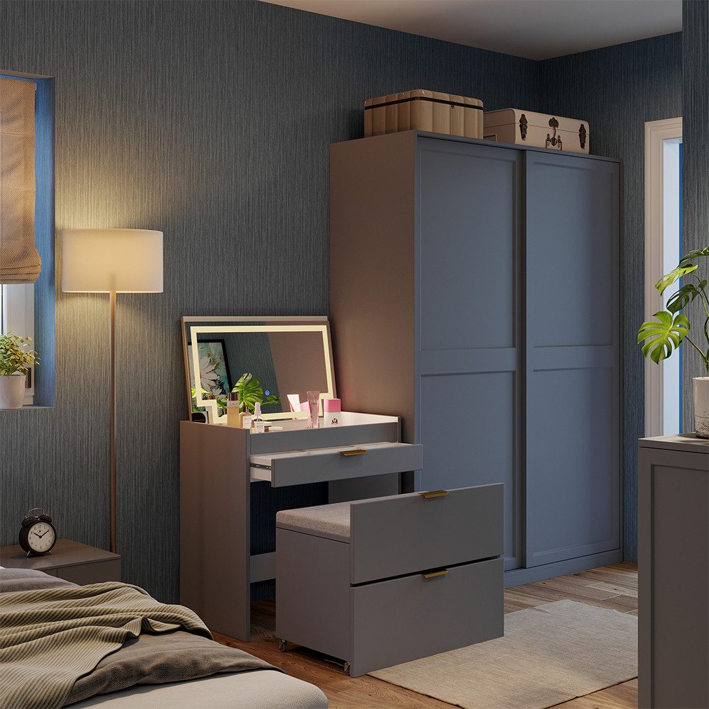 Vicco Schminktisch Wanja, Grau, 80 cm mit Bank und LED Spiegel