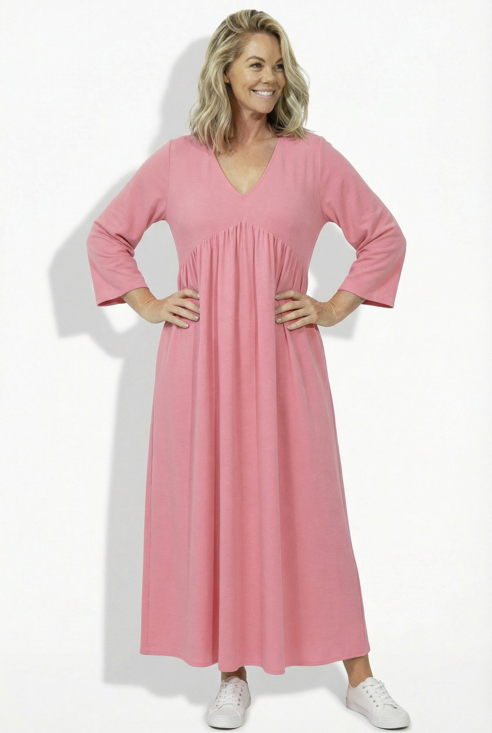 Ulla Popken Maxikleid Musselinkleid A-Linie V-Ausschnitt Langarm günstig online kaufen