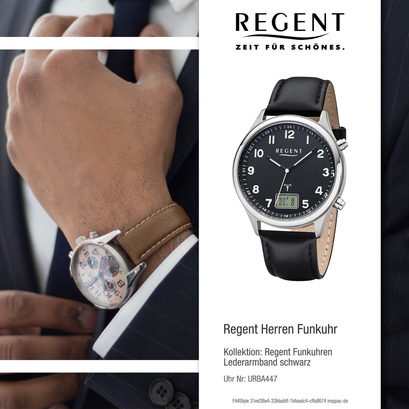 Regent Funkuhr Lederarmband Herrenuhr Leder Uhr BA-447, 40mm) Gehäuse, (ca. Herren rundes groß schwarz, Regent
