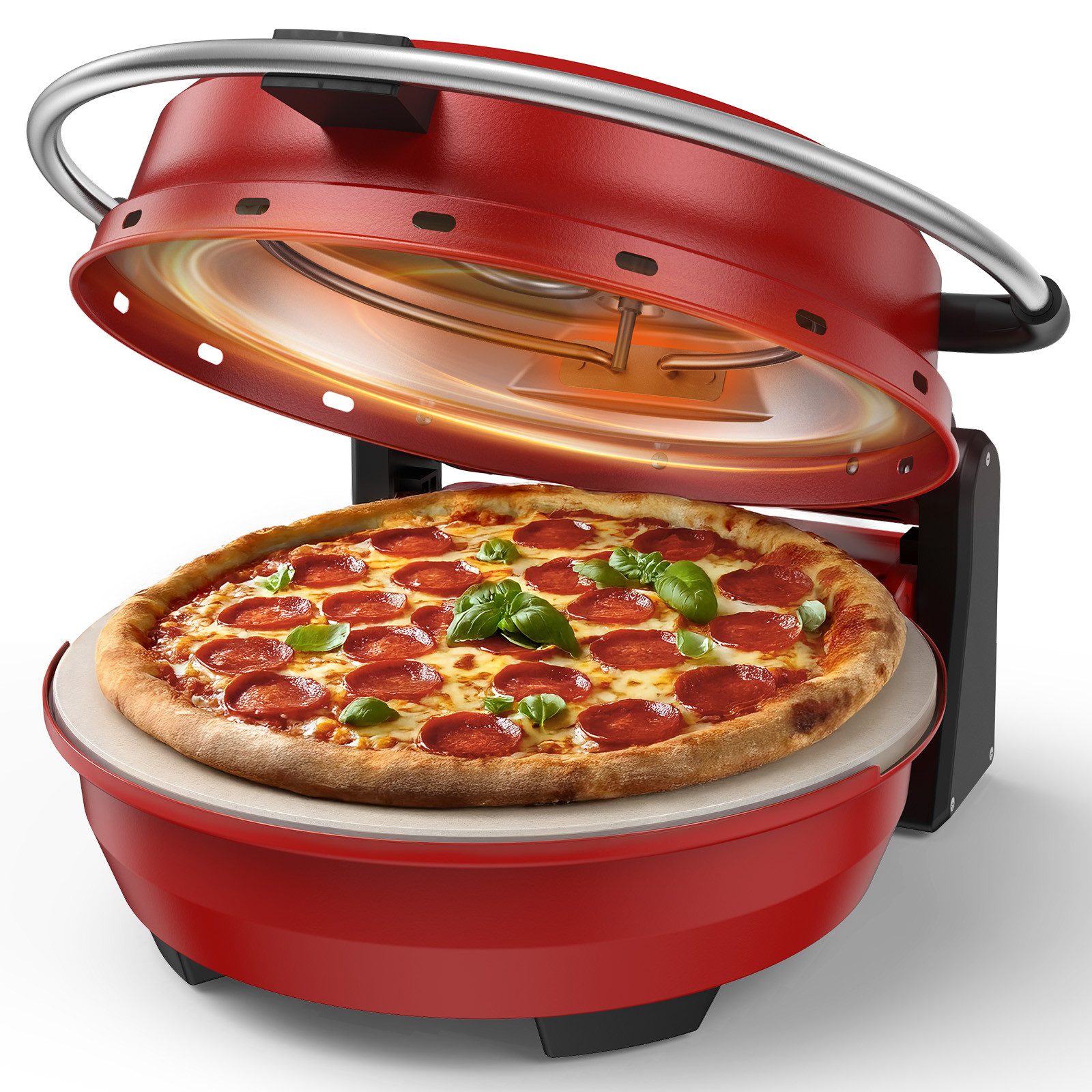 Airmsen Pizzaofen 2-in-1 1500W mit Pizzastein & Grillpfanne, 32 cm, 380°C, kompakt für Pizza, Flammkuchen & Snacks zuhause