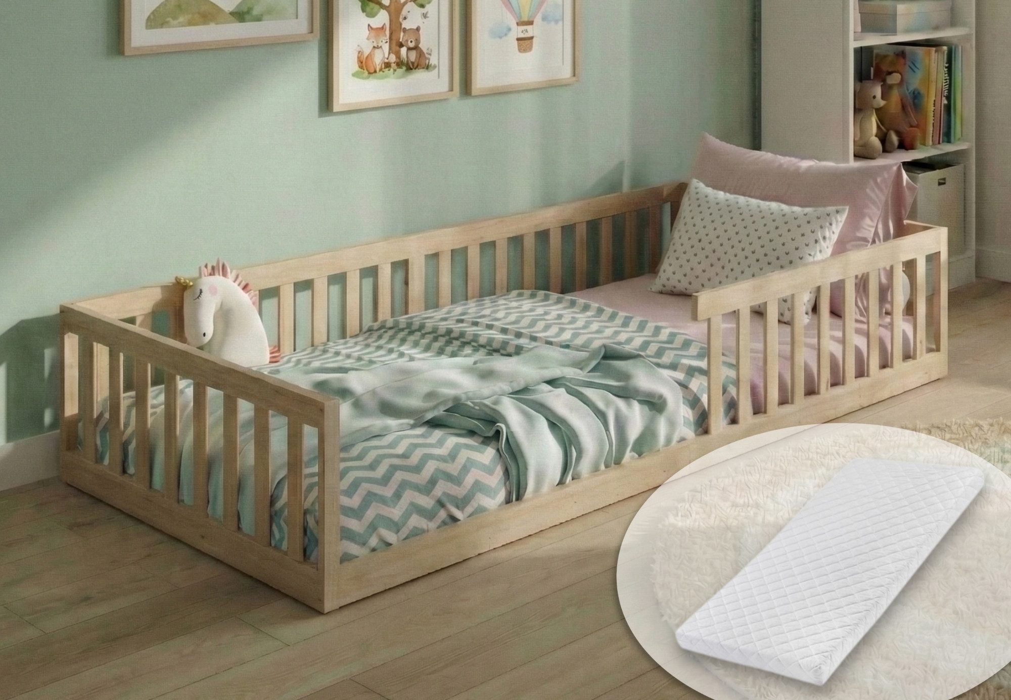 Kids Collective Kinderbett Bodenbett Bett mit Rausfallschutz & Lattenrost Montessori Bett Kinder (weitere Größen, 120x200, 140x200 cm), Jugendbett Einzelbett mit Matratze, natur Kiefer 90x200 cm