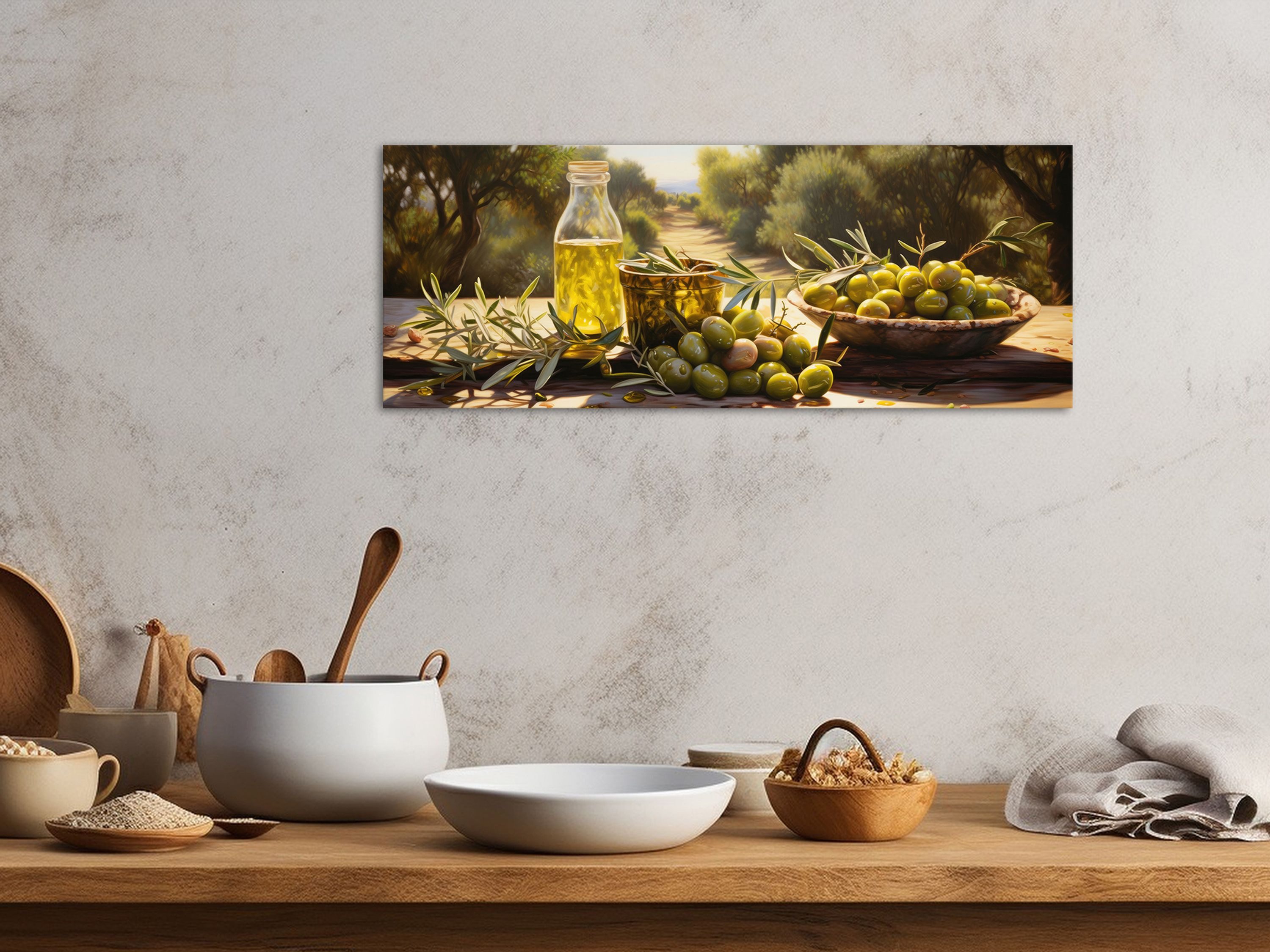 artissimo Glasbild Bild aus Glas 80x30 cm / Wandbild Querformat / Deko Küche, mediterranes Küchenbild: Toskana Oliven mediterran