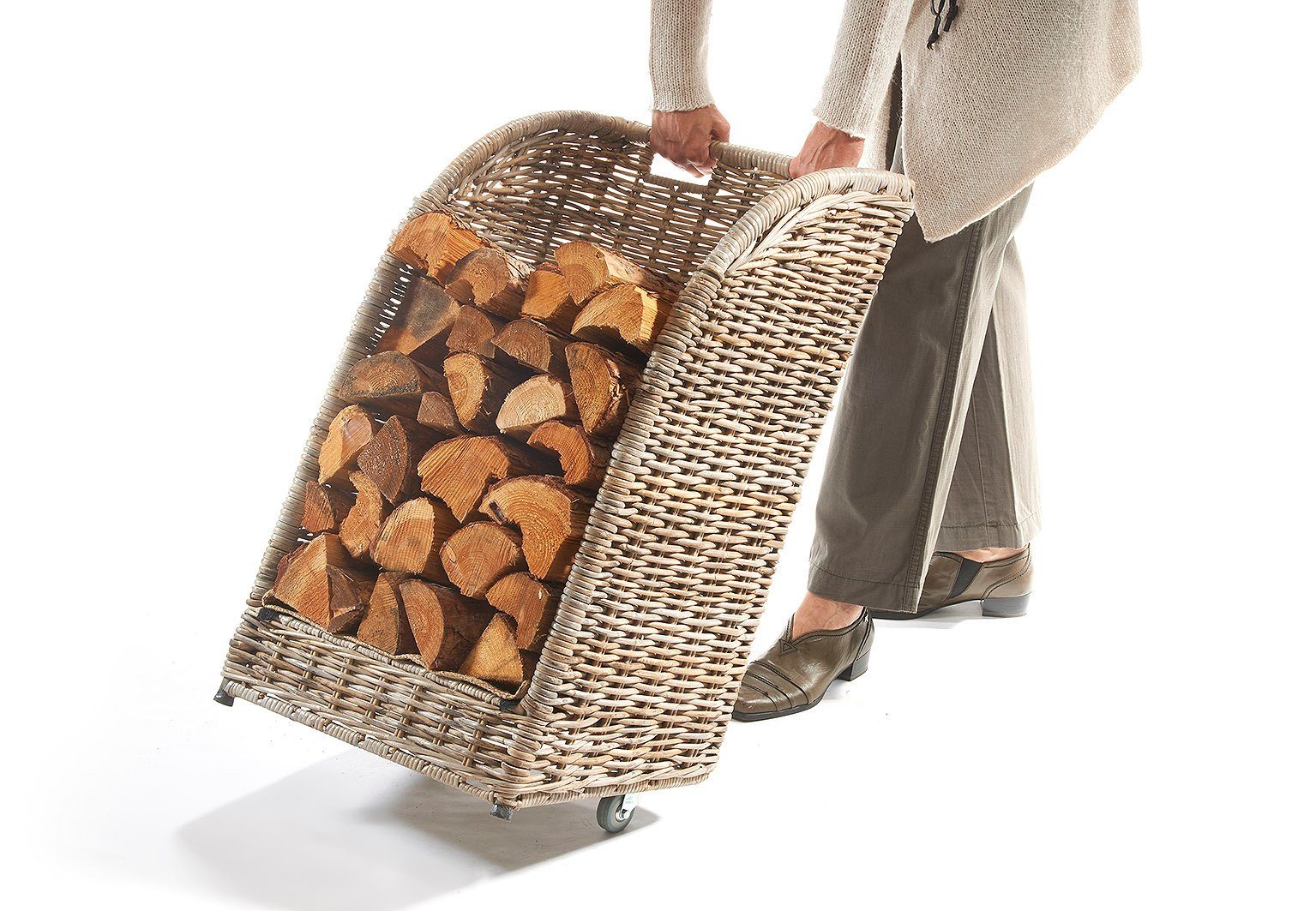 Kobolo Kaminholzkorb Kaminholzwagen aus Rattan kubu grey mit Leinenstoff günstig online kaufen