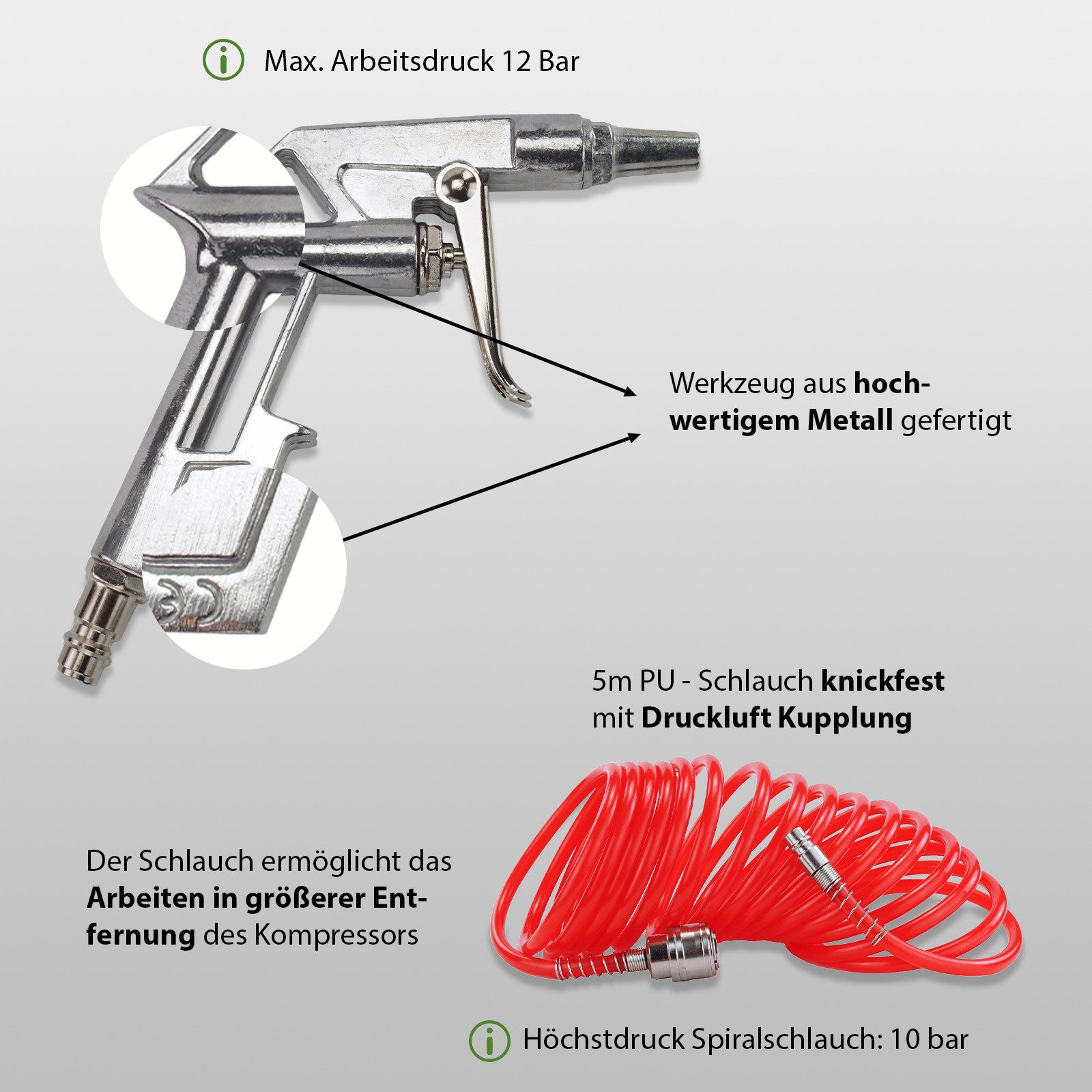 TRUTZHOLM Druckluftgeräte-Set Reifenfüller Ausblaspistole Farbspritzpistole 13 tlg. Druckluftzubehör, Set, 13-tlg., inkl. 5 Meter Spiralschlauch mit Knickschutz – Bild 4 von 5