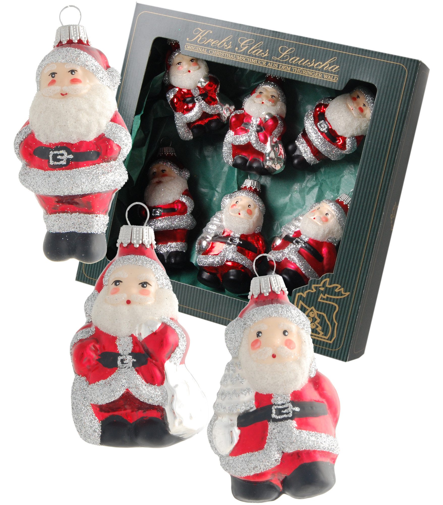 Krebs Glas Lauscha Christbaumschmuck 6er Set - Glasanhänger - Weihnachtsmänner in Silber/Rot- ca. 7-9cm, festliche und liebevolle Dekoration für den Weihnachtsbaum
