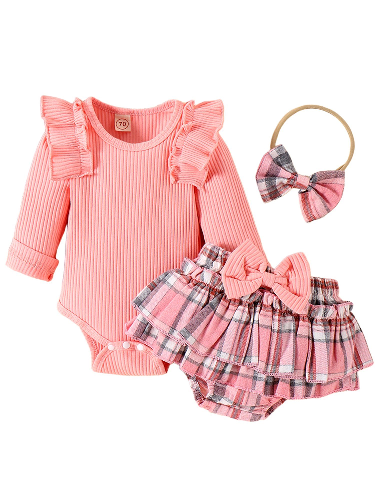 Baby Mädchen Strampler Einfarbiger für Rosa Strampler, Dreiecksshorts LAPA Dreiteiliges Haarband Herbst-Langarmset und 3-tlg) (Set,