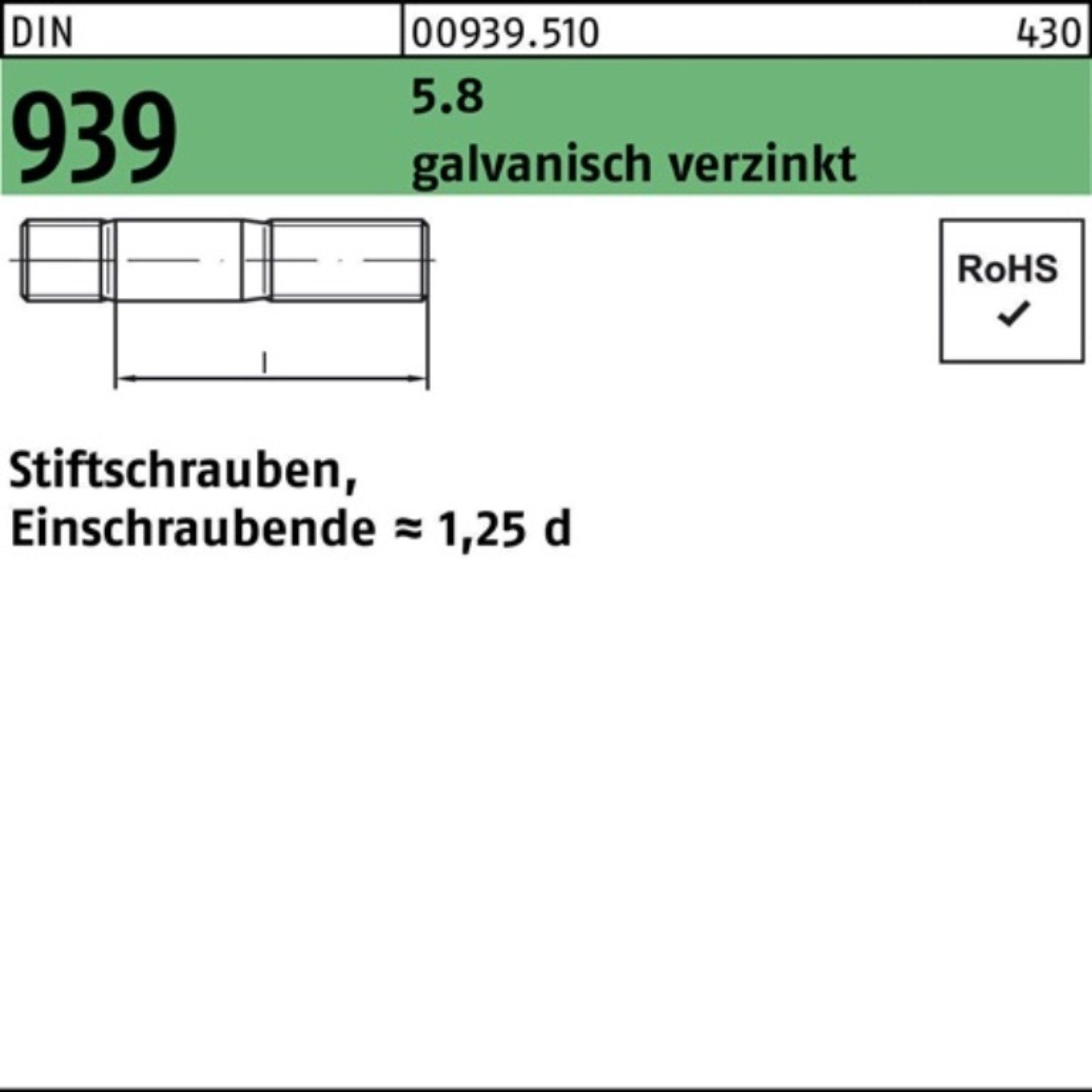 Reyher Stiftschraube 100er Pack Stiftschraube 5.8 M12x40 939 galv.verz. Einschraubende= DIN