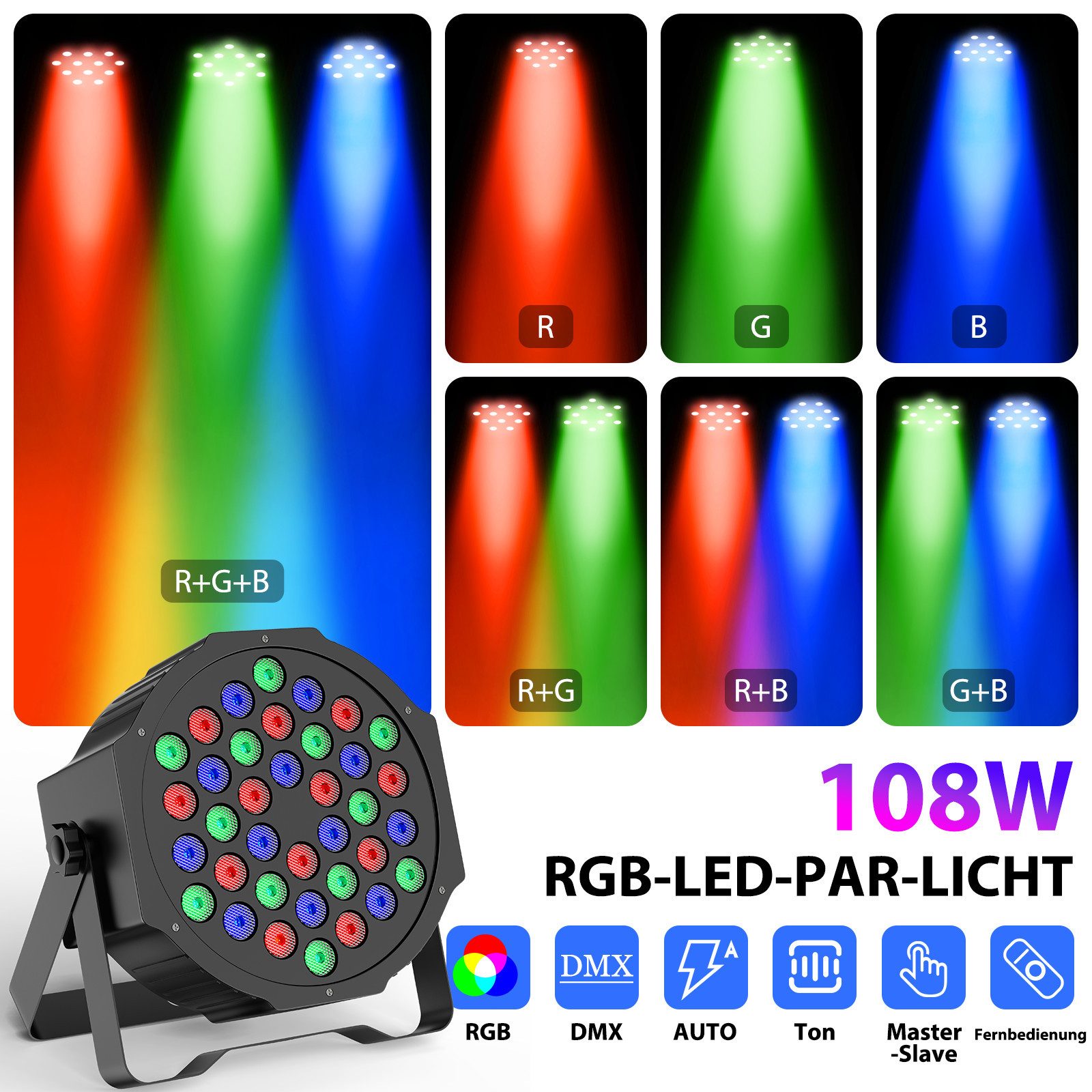 ZonQoonz Discolicht 108W LED PAR-Scheinwerfer mit drahtloser Fernbedienung für DJ Party