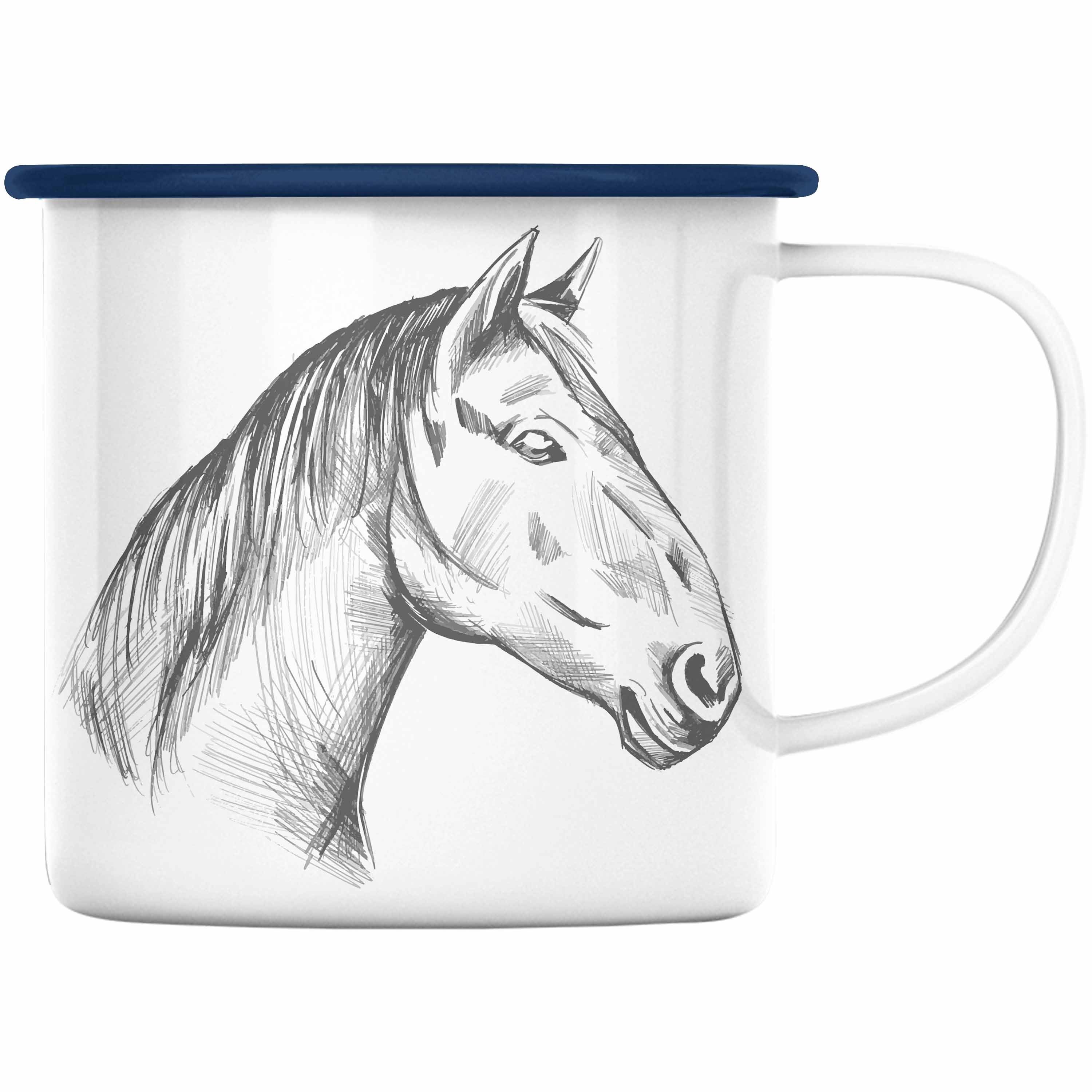Trendation Thermotasse Trendation - Pferde Emaille Tasse Lustig Reiterin Geschenk Pferde Geschenke Mädchen Pferdeliebhaber Blau | Teetassen