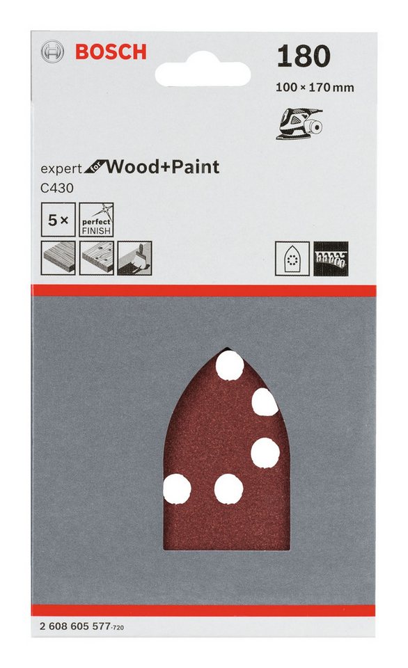 Thumbnail - BOSCH Schleifpapier, (5 Stück), C430 Schleifblatt Klett 8 Löcher K180 - 100 x 170 mm - 5er-Pack