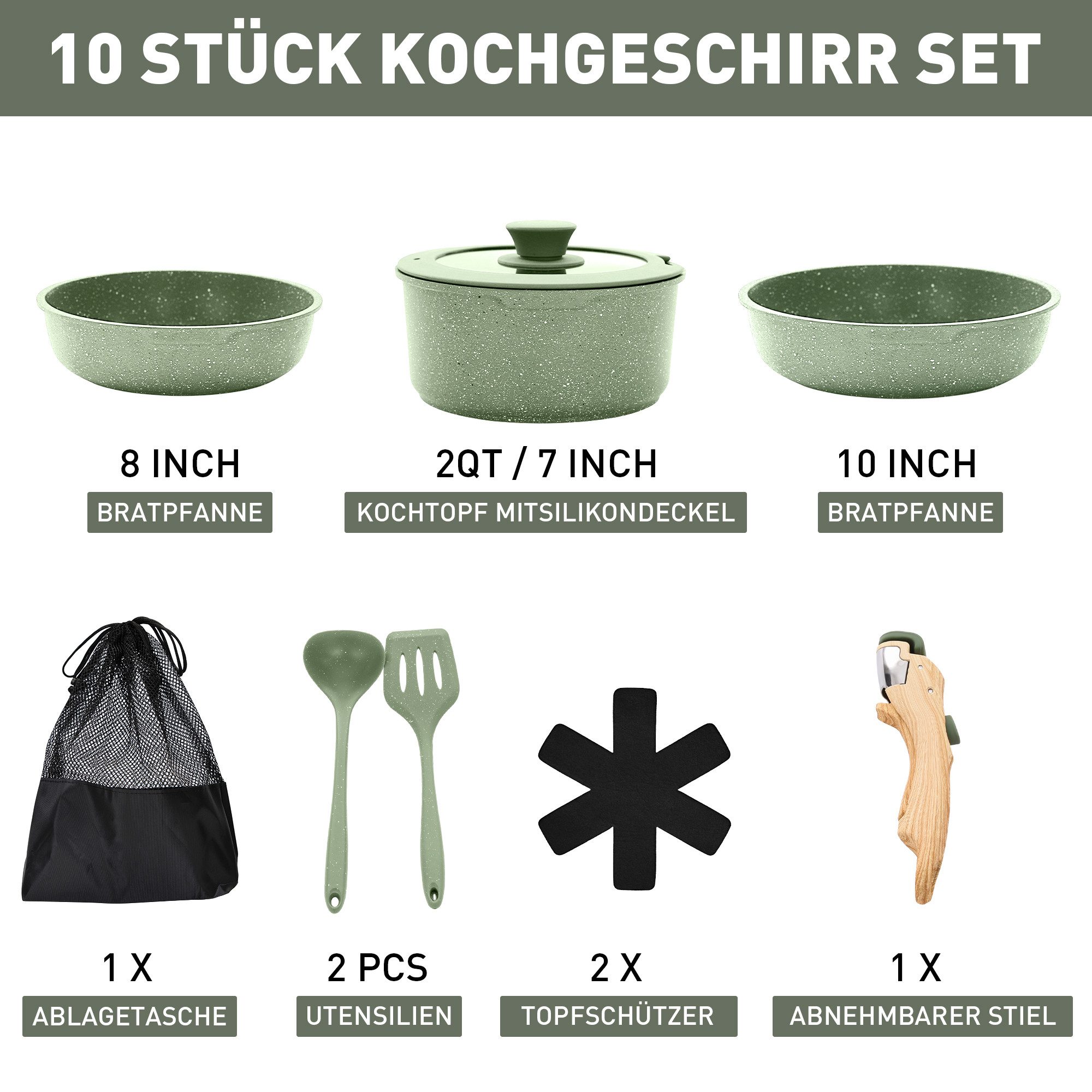 Kitchen Academy Pfannen-Set, (10-tlg, Pfanne 20cm/25cm, Stielkasserolle mit Deckel 18 cm, 2 Silikonspatel), Pfannenset mit abnehmbaren Griffen Töpfe und Pfannen Set mit Deckel