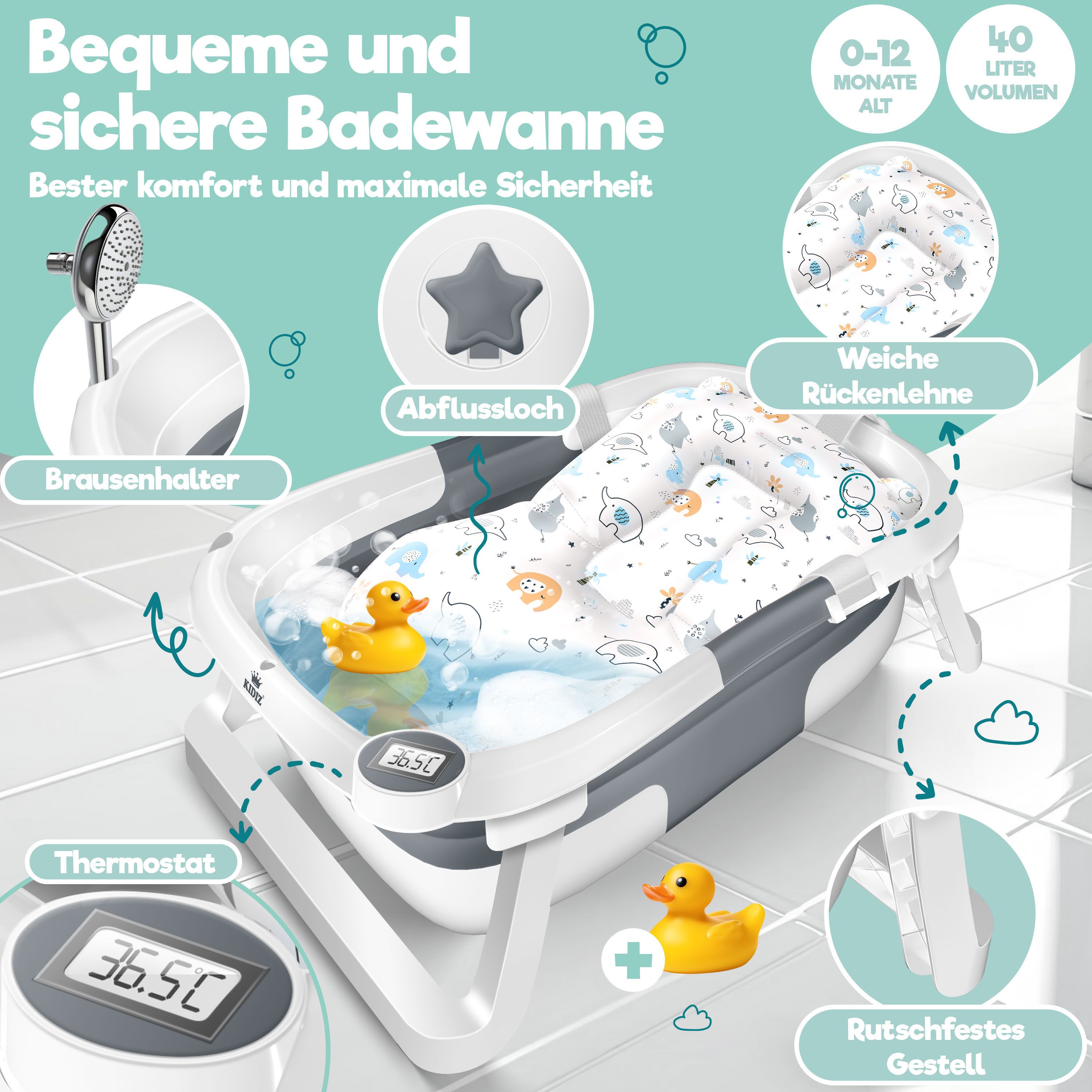 KIDIZ Babybadewanne, Baby Badewanne für Neugeborene Kleinkinder 0-12 Monate Babywanne