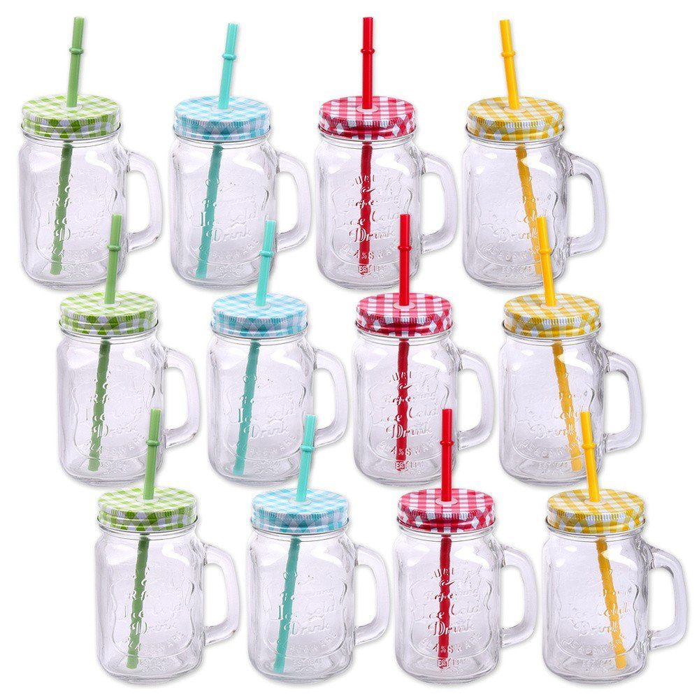 Schramm Glas Schramm® 12 Stück Trinkgläser mit Deckel, Henkel und Mehrweg- Strohhalm (iii) Trinkhalm wiederverwendbar Glas Стекло Trinkglas Cocktail ca. 500ml