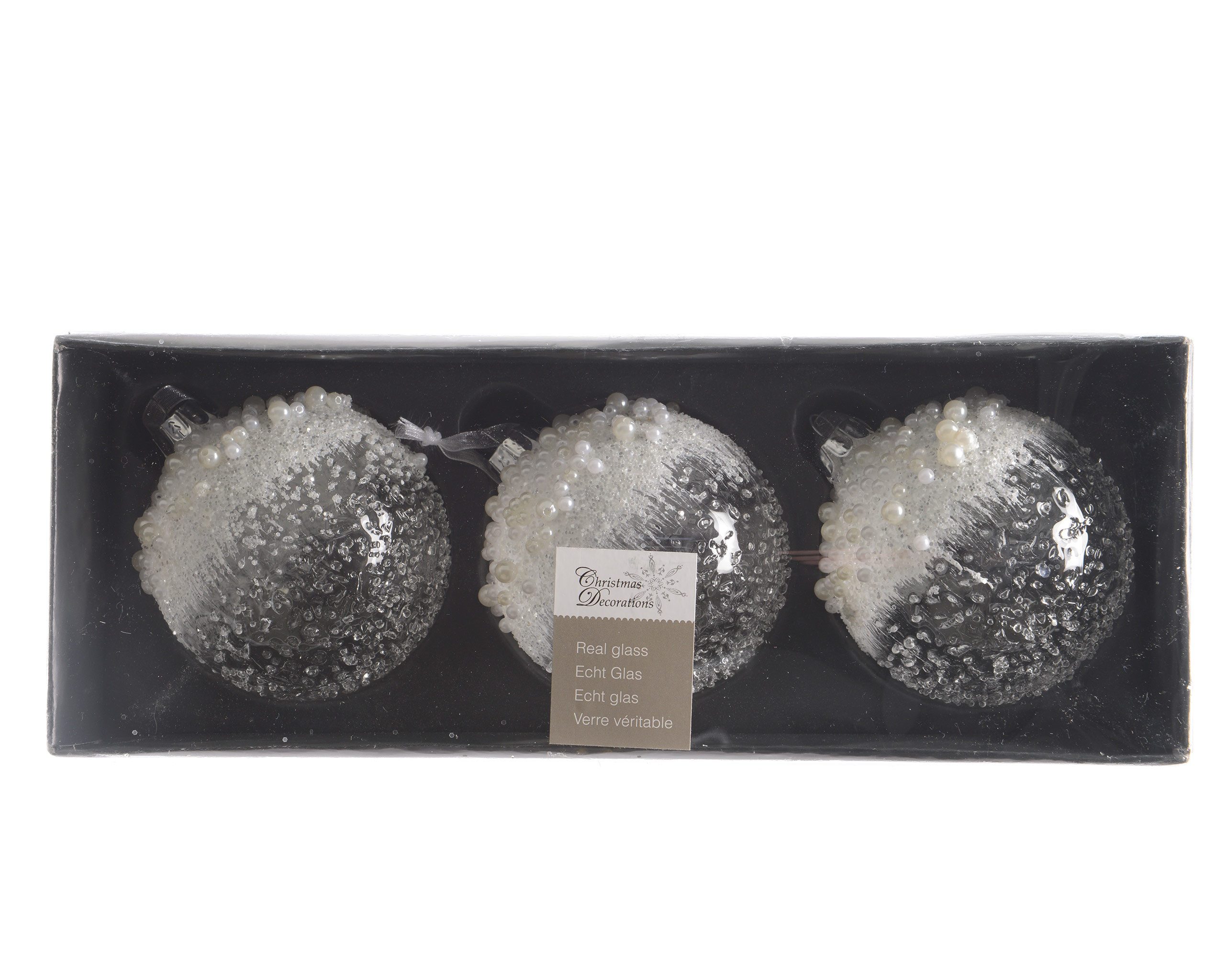 Kaemingk Weihnachtsbaumkugel, Weihnachtskugeln Glas mit Perlen Schnee 8cm klar transparent, 3er Set