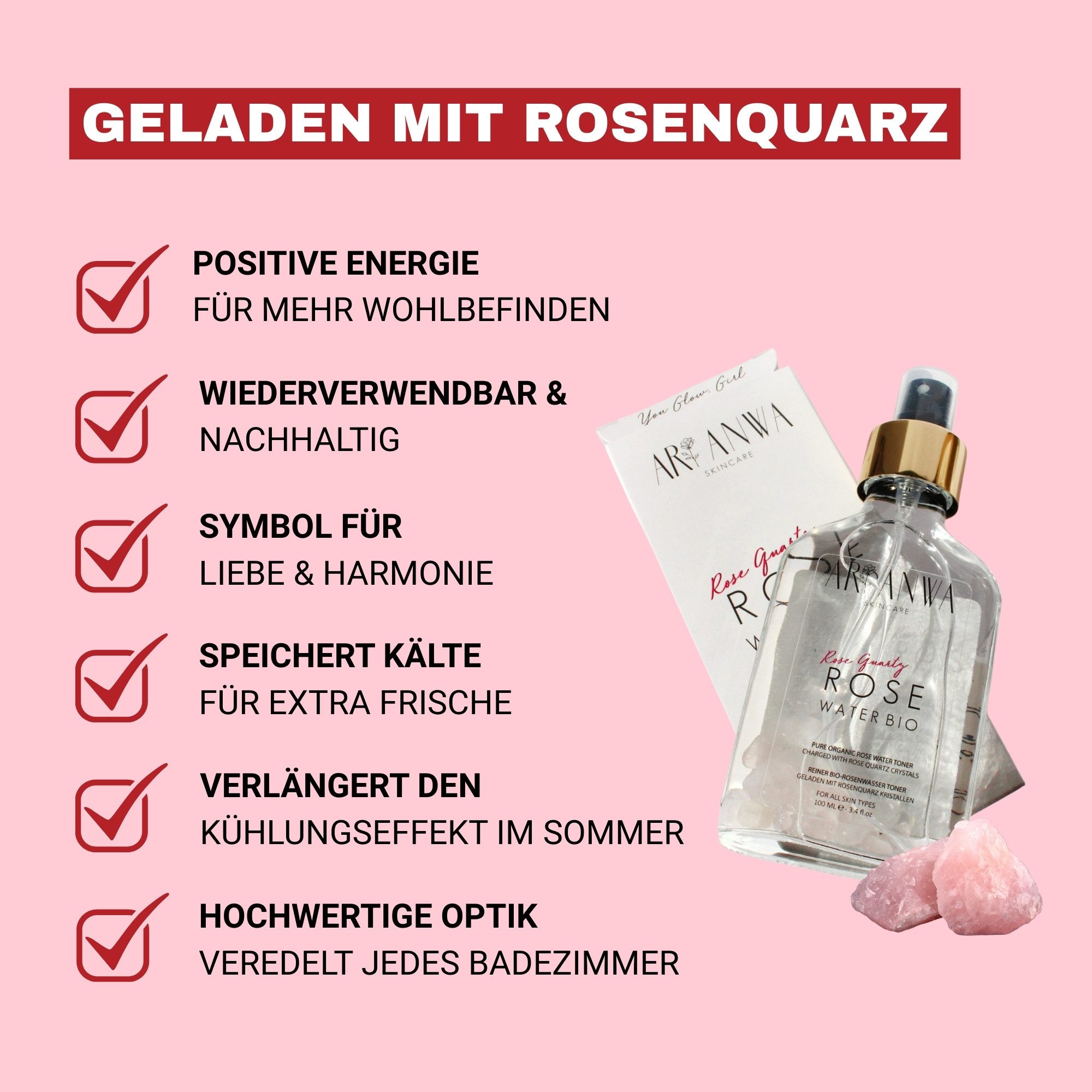ARI ANWA Skincare Gesichtswasser Bio Rosenwasser Spray mit Rosenquarz, Gesichts- und Körperspray, Natürlich, bio, vegan, tierversuchsfrei, frei von Alkohol