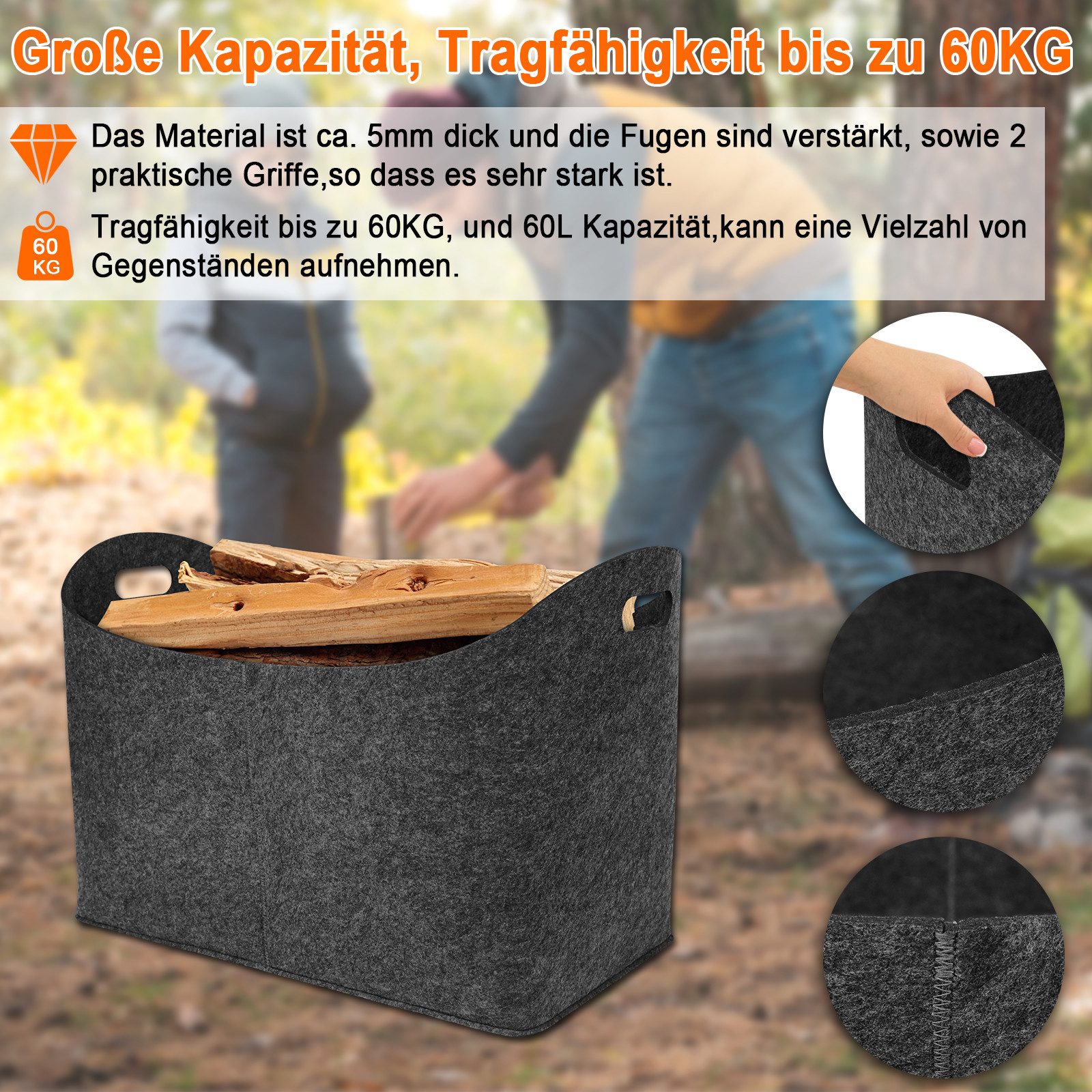 FIVMEN Kaminholzkorb XXL Filztasche mit Verstärkter Griff, Holzkorb für Kaminholz aus Filz (Filztaschen Shopper Extra Dicker)