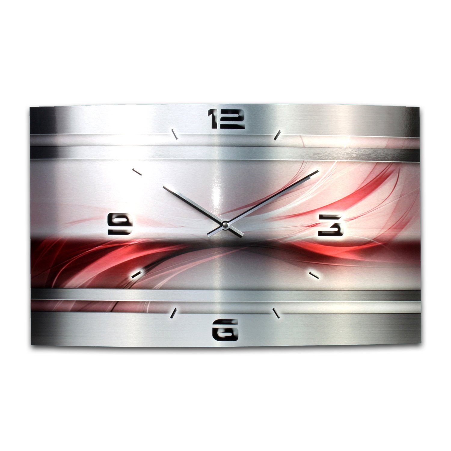 Kreative Feder Funkwanduhr 3D Design-Wanduhr "Abstrakt Rot" aus gebürstetem Aluminium (3D-Wölbung; flüsterleises Funkuhrwerk; außergewöhnlich, modern)