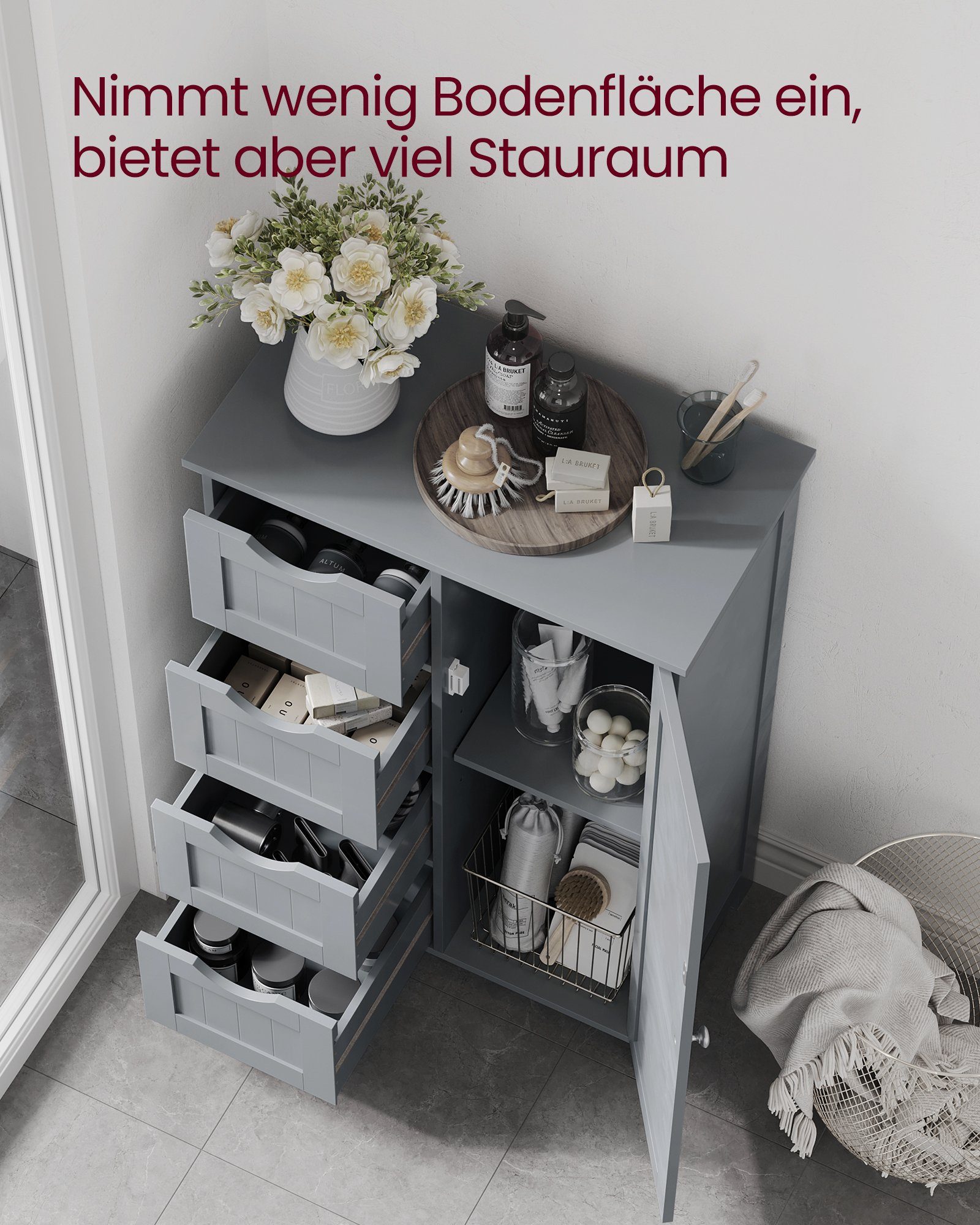 VASAGLE Badmöbel-Set Badezimmerschrank Badschrank Beistellschrank, mit 4 Schubladen, Schranktür, verstellbare Ablage
