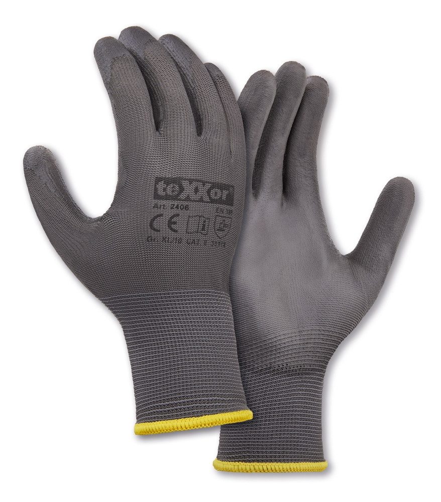 teXXor Strickhandschuhe Polyester-Strickhandschuhe PU beschichtet grau 2406 (Packung, 12-St., VPE= 12-240 Paar, Gr6-11) hohe Fingerfertigkeit/ Strickbund