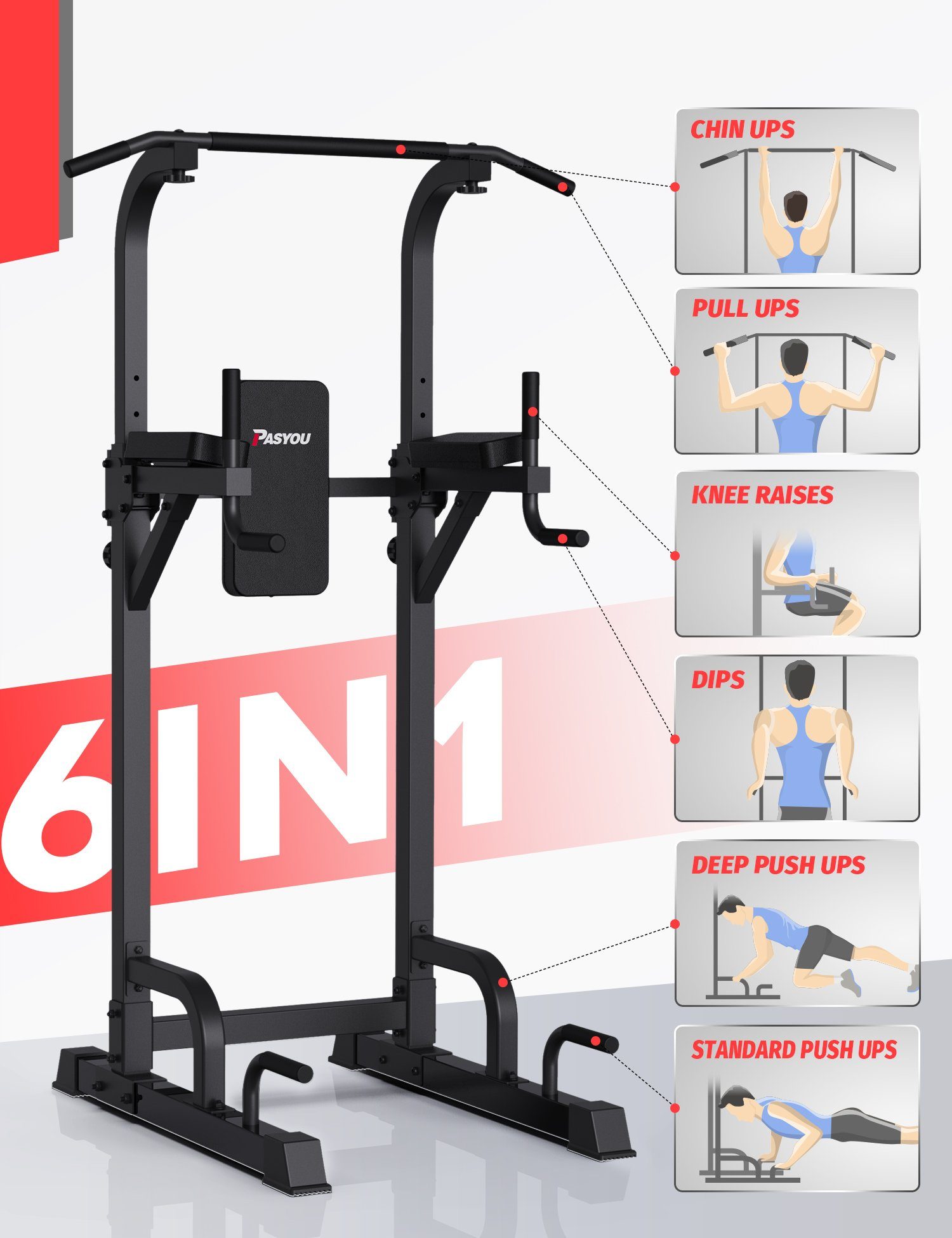 PASYOU Klimmzugstange PU40 (Freistehend Power Tower, 6 in 1 Verstellbar Kraftturm Dip Station), Multifunktionale Pull Up station, Maximale Belastung 300kg