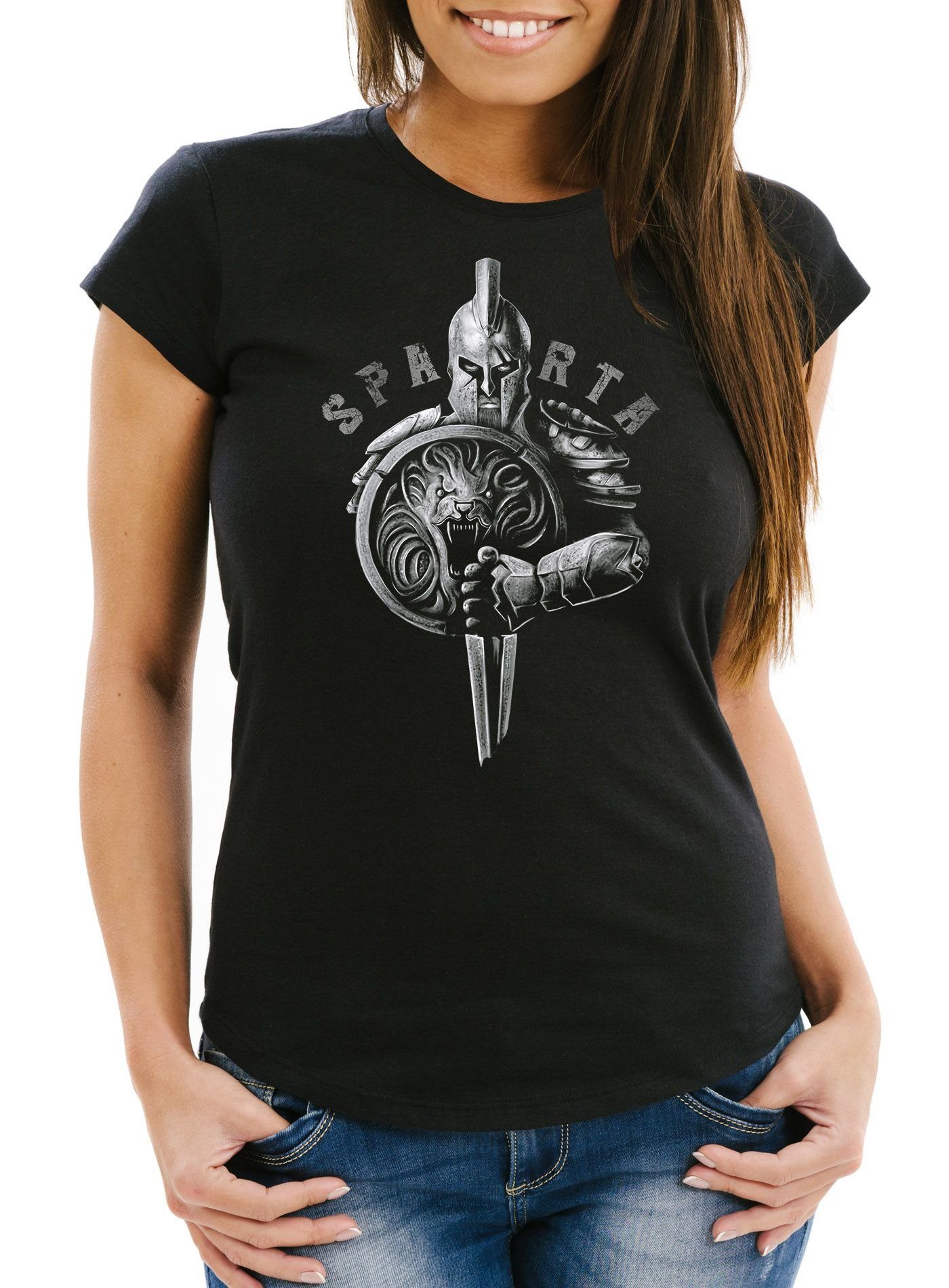 Print-Shirt Damen T-Shirt Aufdruck Sparta Spartaner-helm Krieger Warrior Schwert Schild Löwe Fashion Streetstyle Neverless®