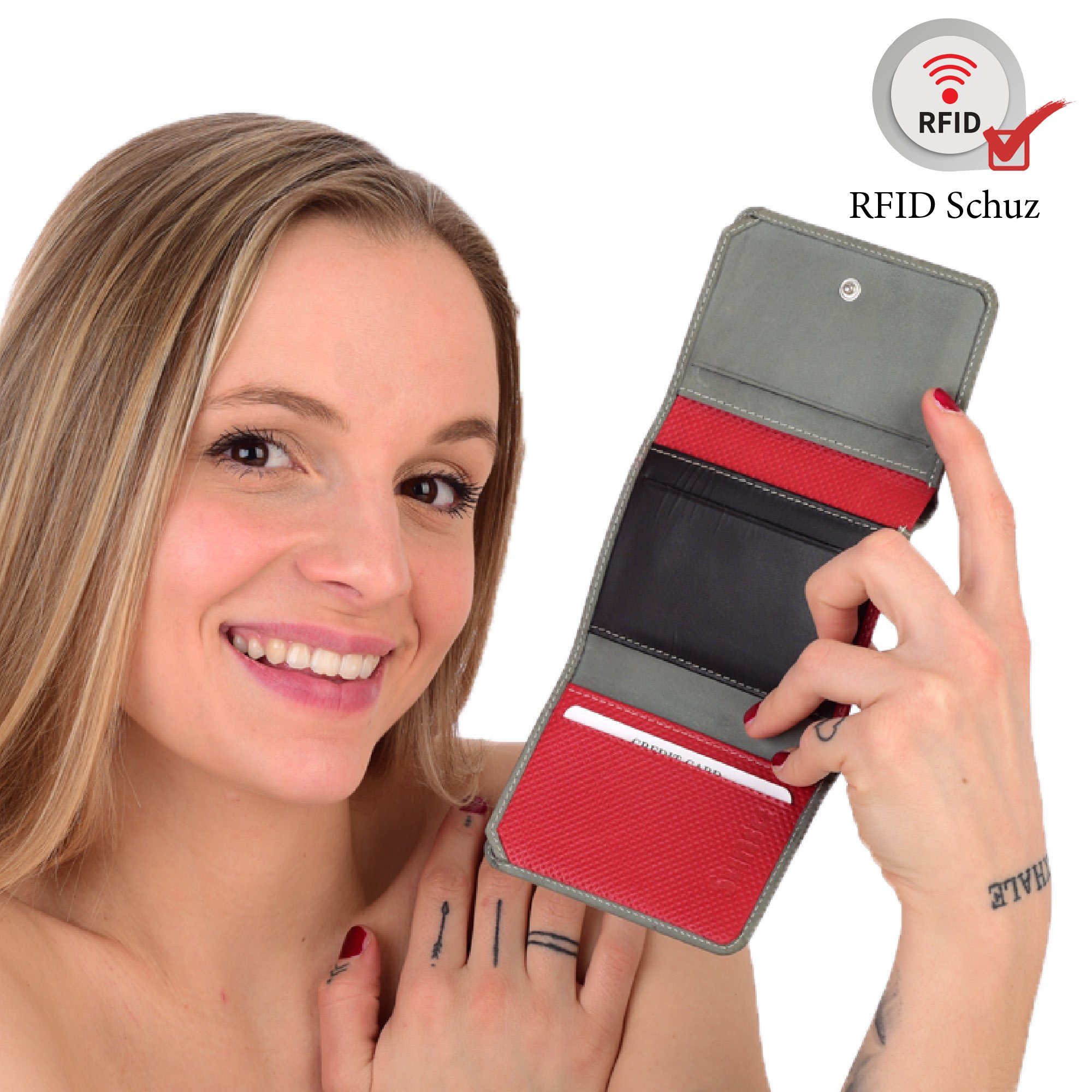 Leder Unisex Sunsa Leder, Brieftasche Portemonnaie echt grau/schwarz/rot Geldbörse echt mit recycelten Damen, Geldbeutel RFID-Schutz, Lederresten, klein aus