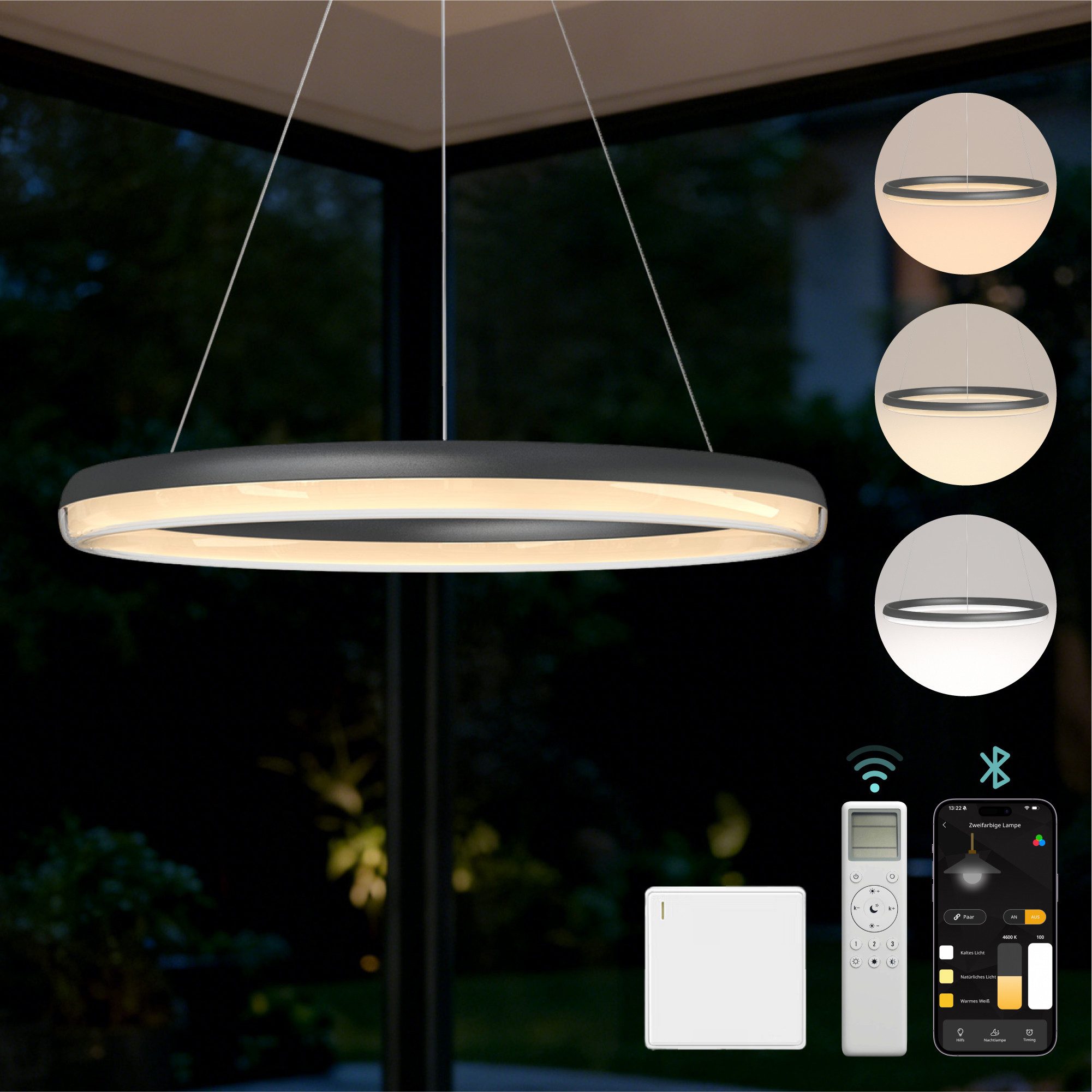 Mai & Mai Pendelleuchte Pendellampe LED-Hängelampe stufenlos dimmbar 3000K–6000K 20W Luvina05, LED-Pendelleuchte, Farbtemperatur von 3000K–6000K