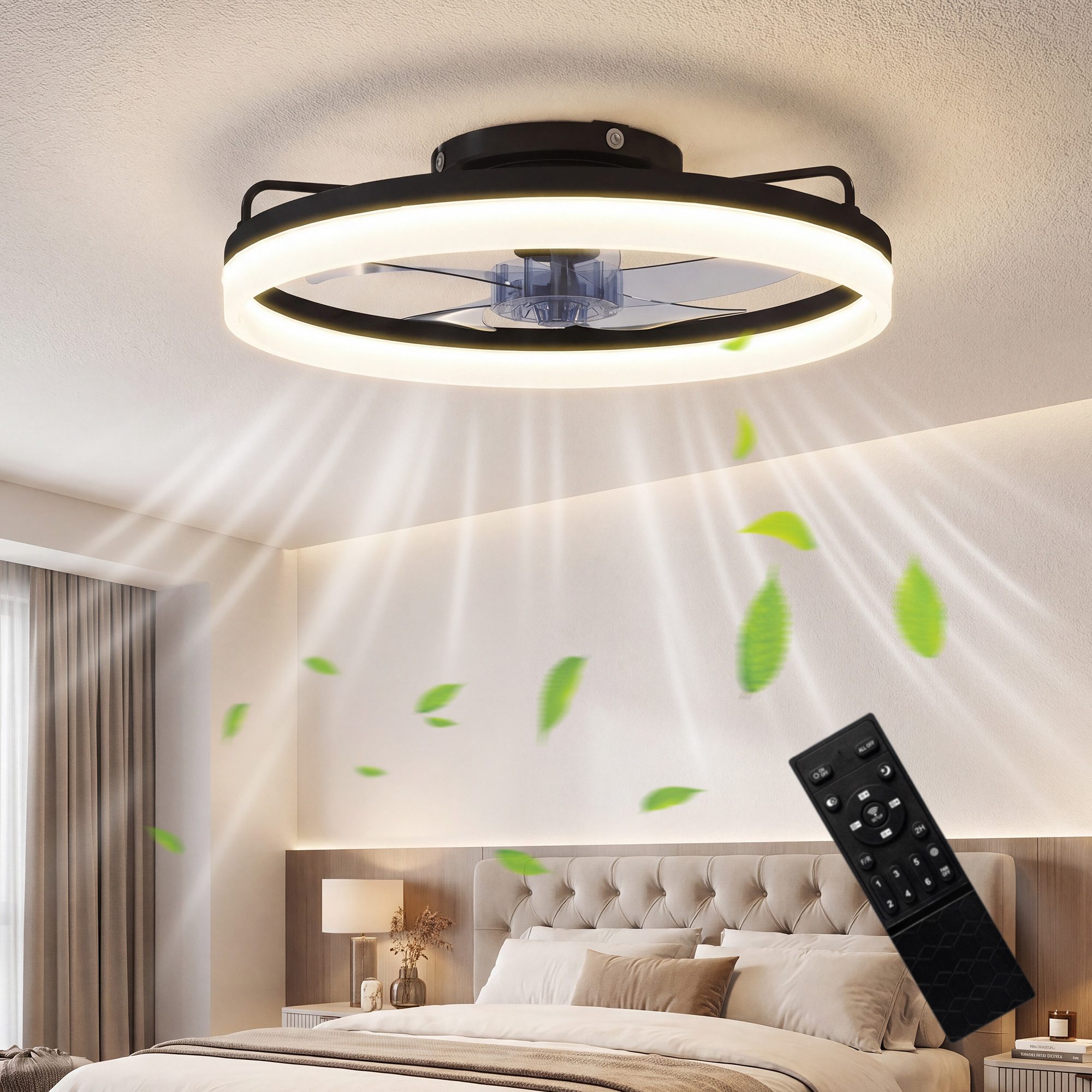 HOMCOM Deckenventilator Deckenleuchte, dimmbar, 3 Lichtfarben, für Wohnzimmer, Ventilator mit 6 Stufen und LED-Licht, Fernbedienung
