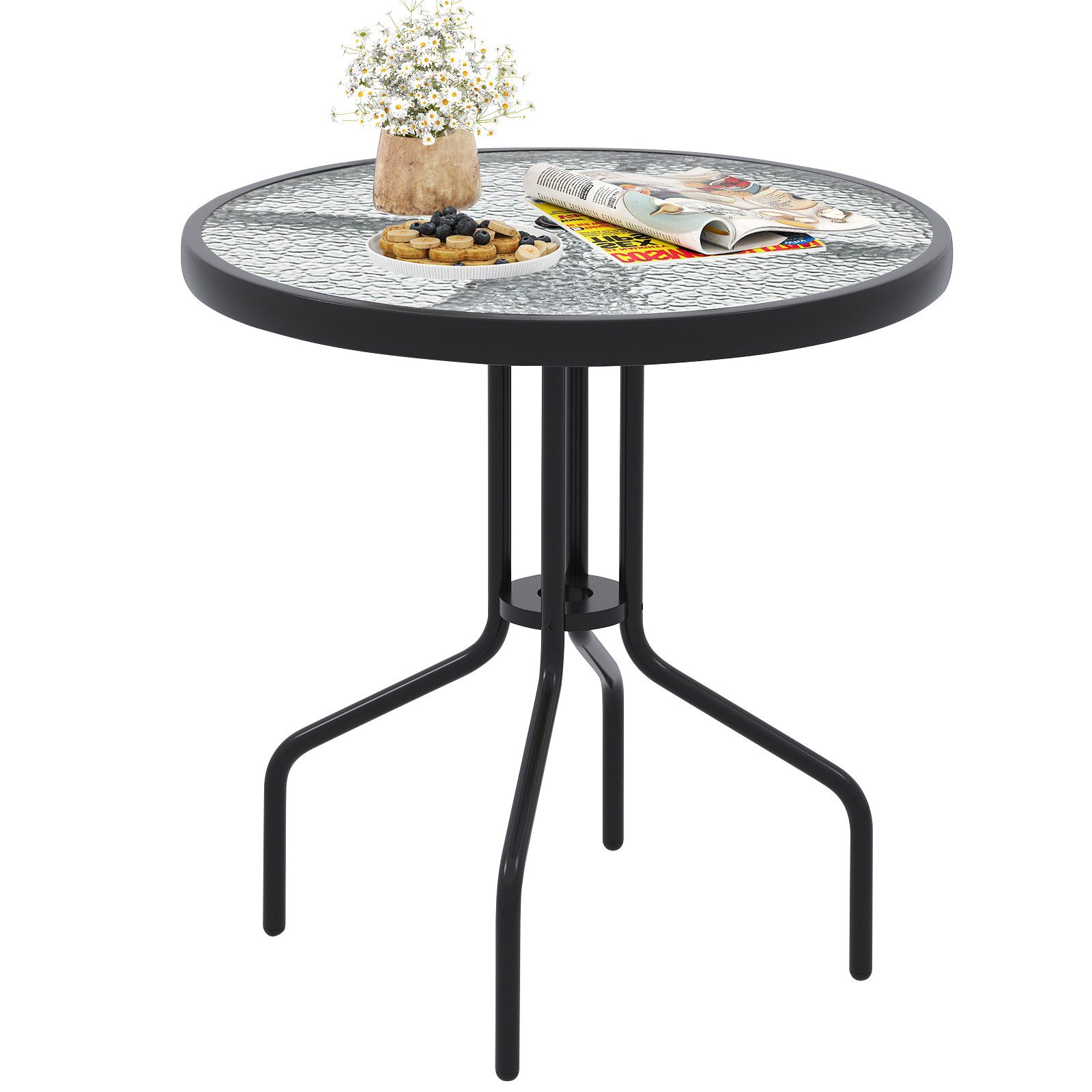COSTWAY Gartentisch, φ70cm, mit gewellter Hartglasplatte & Schirmloch