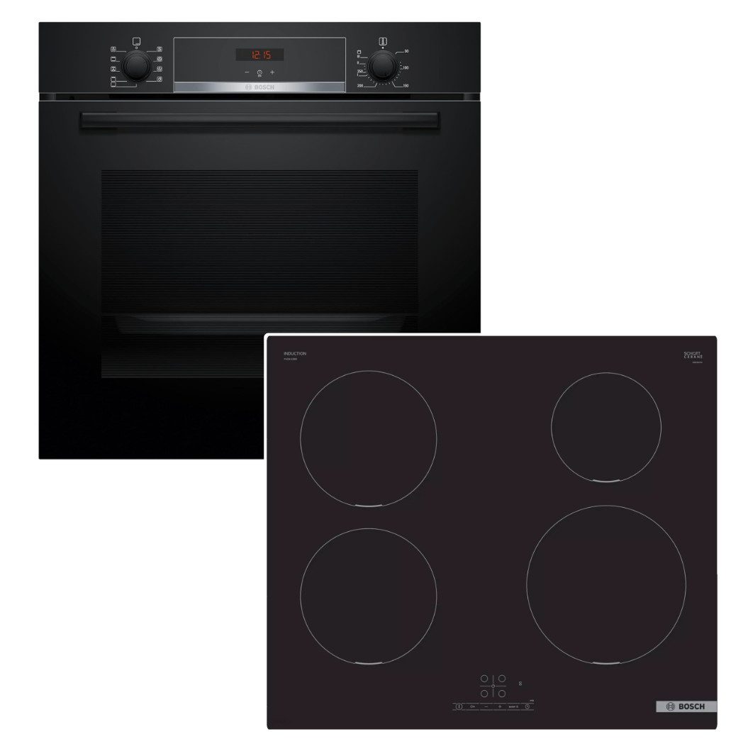 BOSCH Backofen-Set Einbaubackofen 3D Heißluft Hydrolyse + Induktionskochfeld PowerBoost, Hydrolyse
