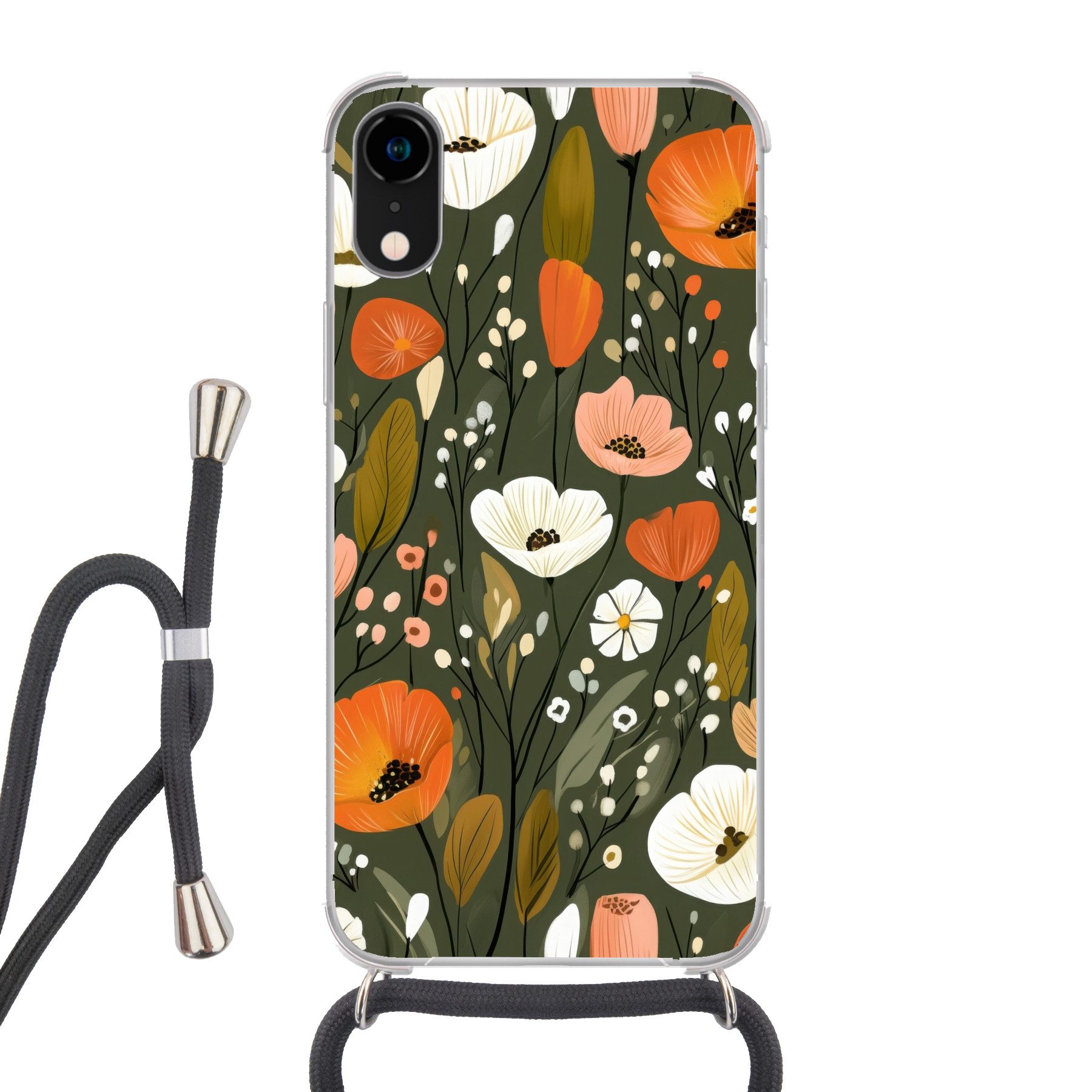MuchoWow Handyhülle für Apple iPhone XR Blumen - Illustration - Grün, Tragbare Handyhüllen mit Kette zum umhängen, Handykette Handyband