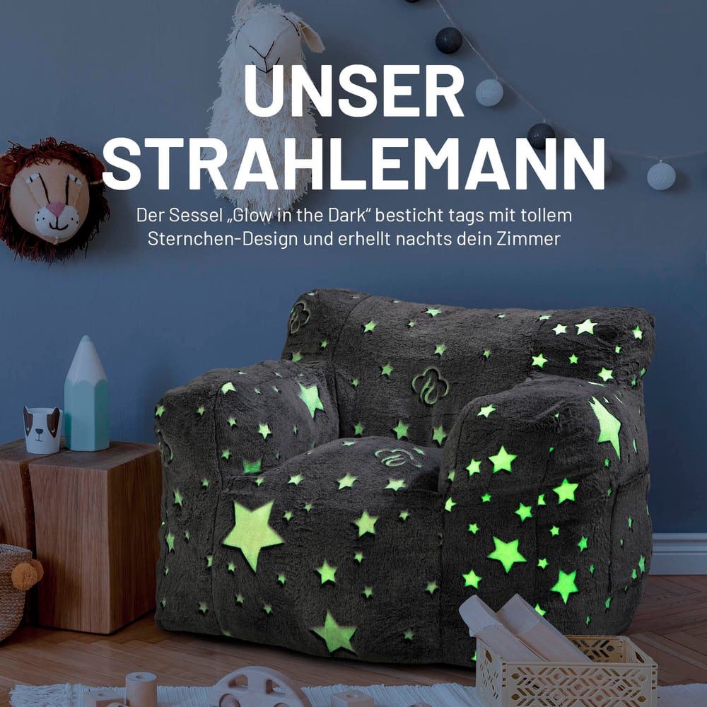 Lumaland Sitzsack Kinder Sessel Glow in The Dark, Kindersofa im Sternen-Design, Indoor Kindersessel fürs Kinderzimmer