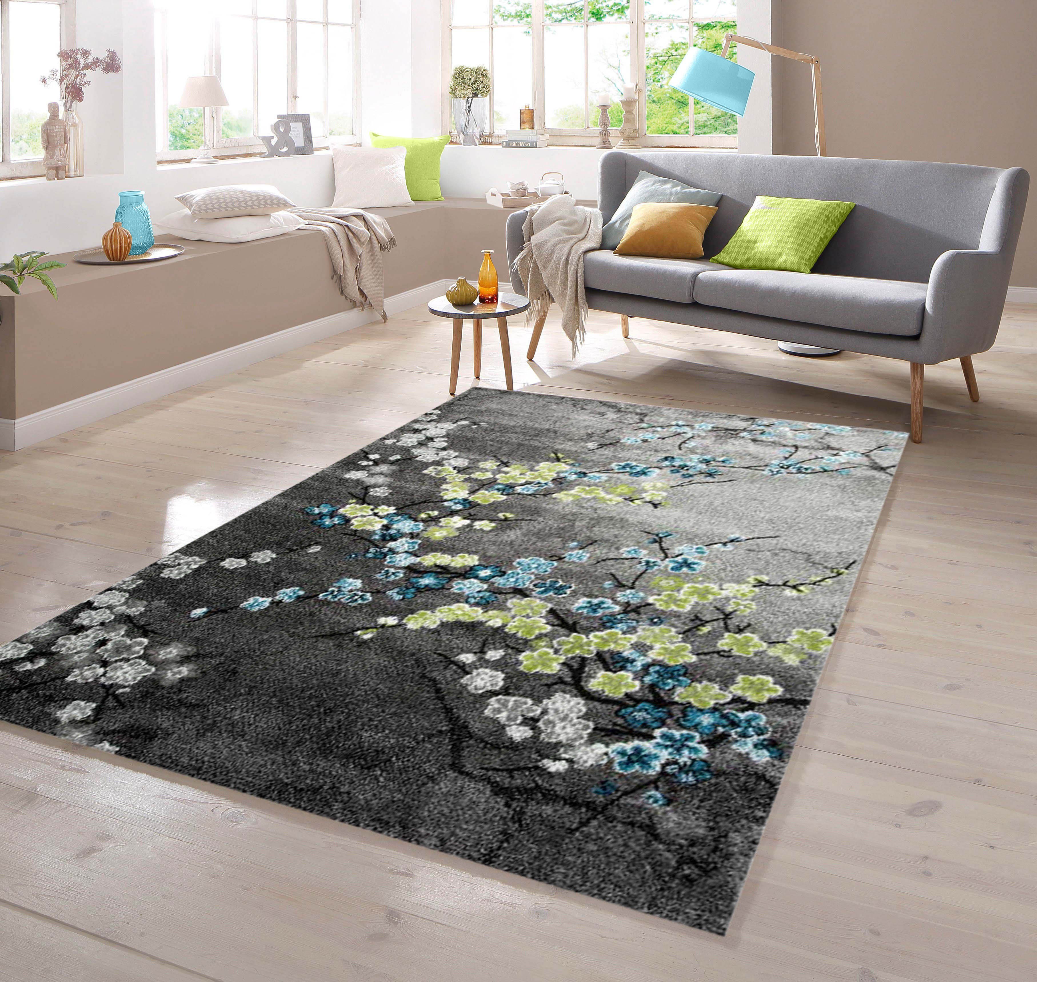 Teppich Designer Teppich Grau TeppichHome24, Blumenmotiv mit Grün, Türkis rechteckig