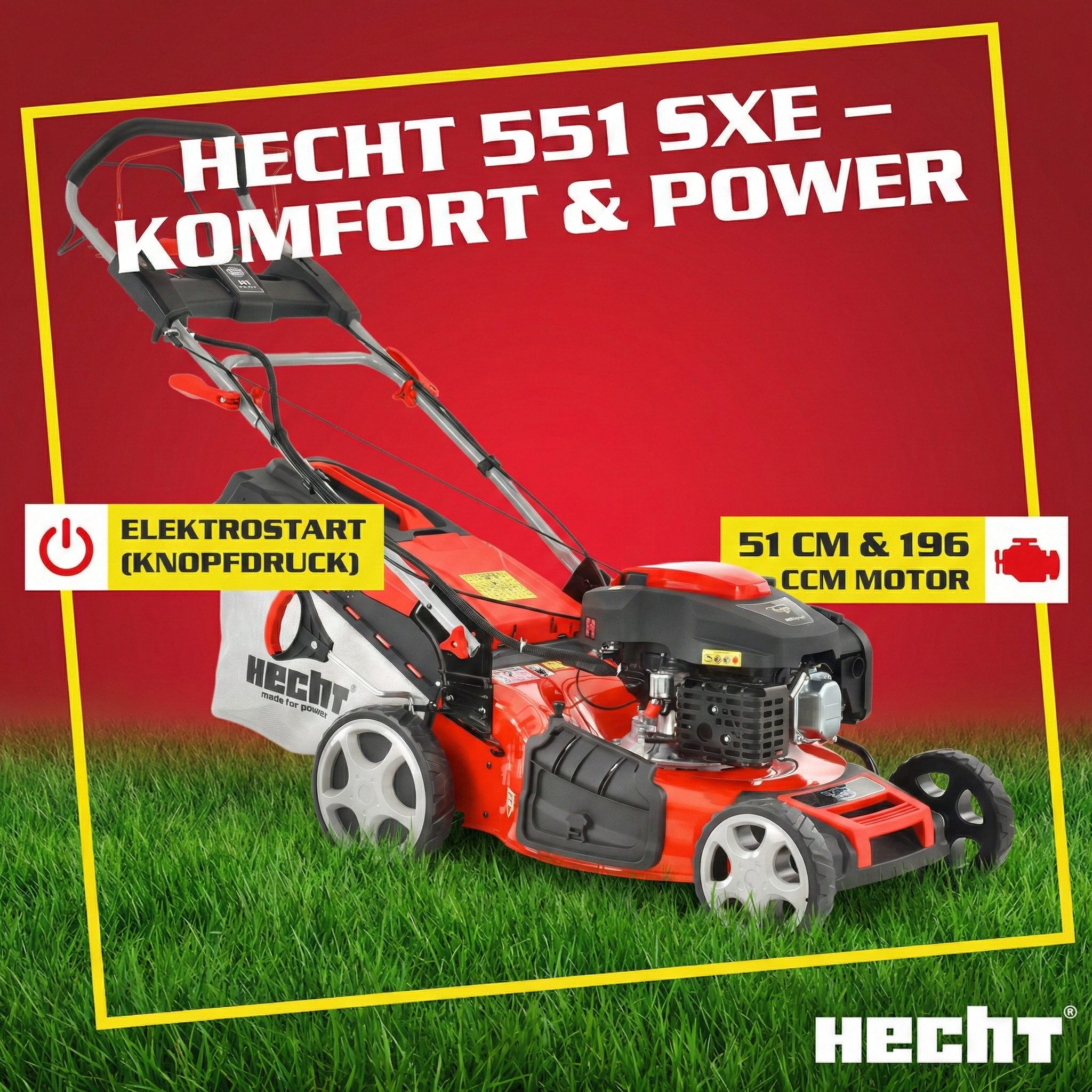 Hecht Benzinrasenmäher 551 SXE mit Radantrieb Elektrostart, 51 cm Schnittbreite, 5,5PS, 5in1, 65L Fangkorb, Mulchkit
