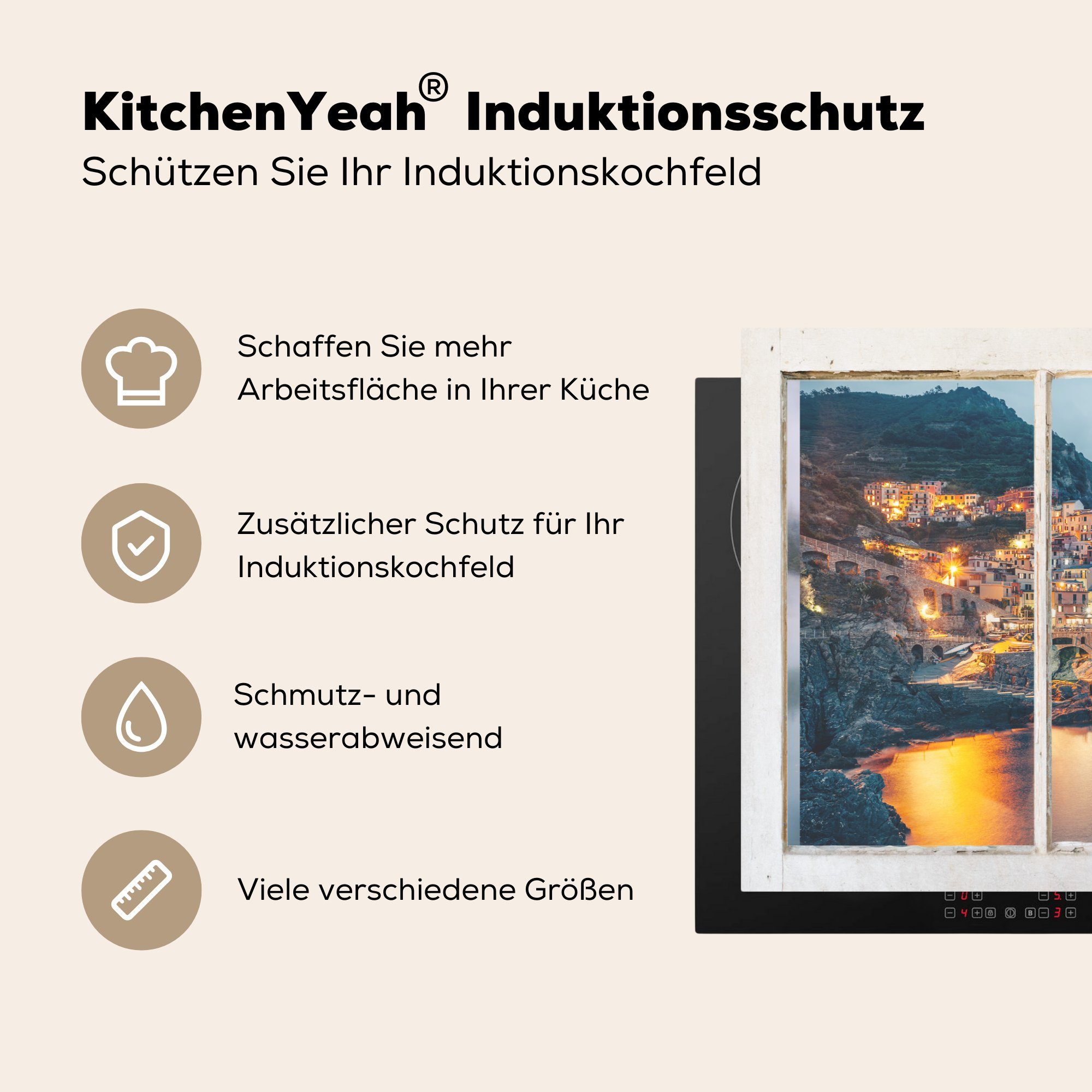 (1 - für Vinyl, Meer 81x52 Ceranfeldabdeckung Herdblende-/Abdeckplatte cm, tlg), Aussicht küche, Italien, MuchoWow die - Induktionskochfeld Schutz